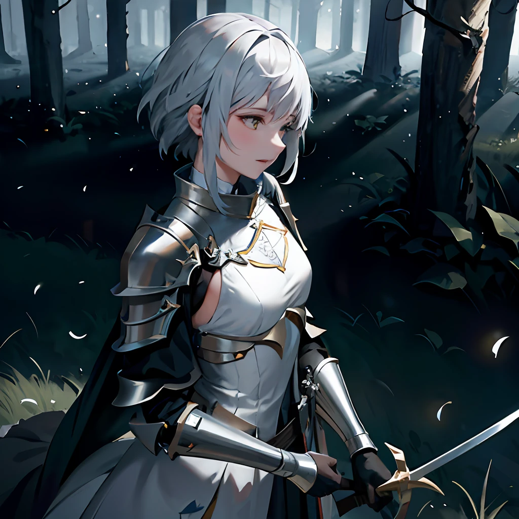 (extremely detailed CG unity 8k wallpaper, masterpiece, best quality, ultra-detailed), (an extremely delicate and beautiful), floating, high saturation, dynamic angle, [(1 girl), mischievous looking, knight, lady, yellow eyes, shoulder armor, chest armor, dynamic pose, (short hair | silver hair:1.2 | white hair:1.1), white dress, sword], [(dark forest), night time, fog, purple glow, volumetric light, leaves, grassland, (many flying particles:1.2)].