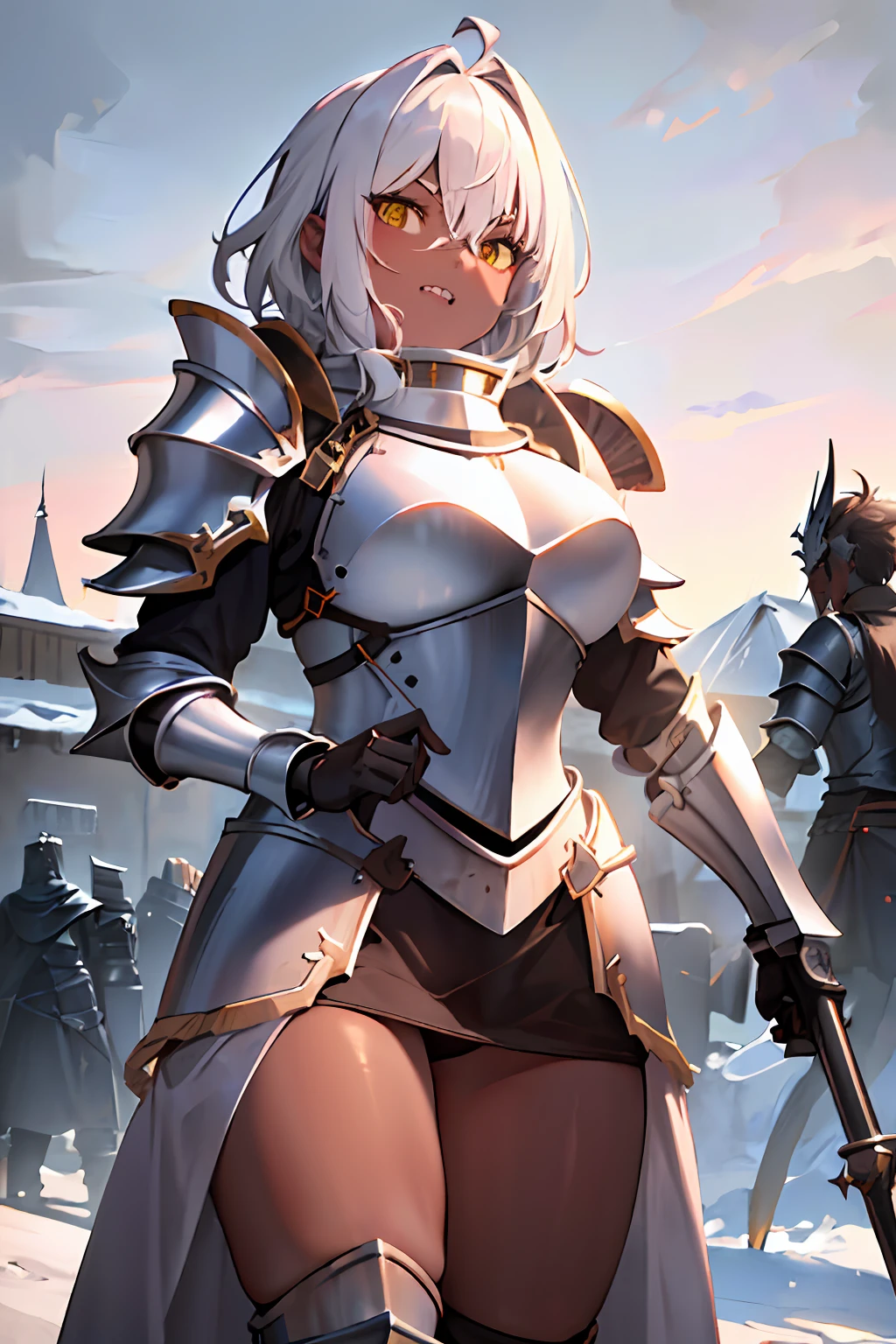 1 girl, (fully body), ((((dark skin)))), ((((short white messy hair)))), ((((full metal armor)))), greataxe in hand, snowy background, large breast, broad hips, SFW, sharp teeth, yellow eyes, ((((cuts on face)))), ((((worn metal armor)))), best quality, high resolution, extremely detailed, gorgeous, 8k wallpaper, masterpiece