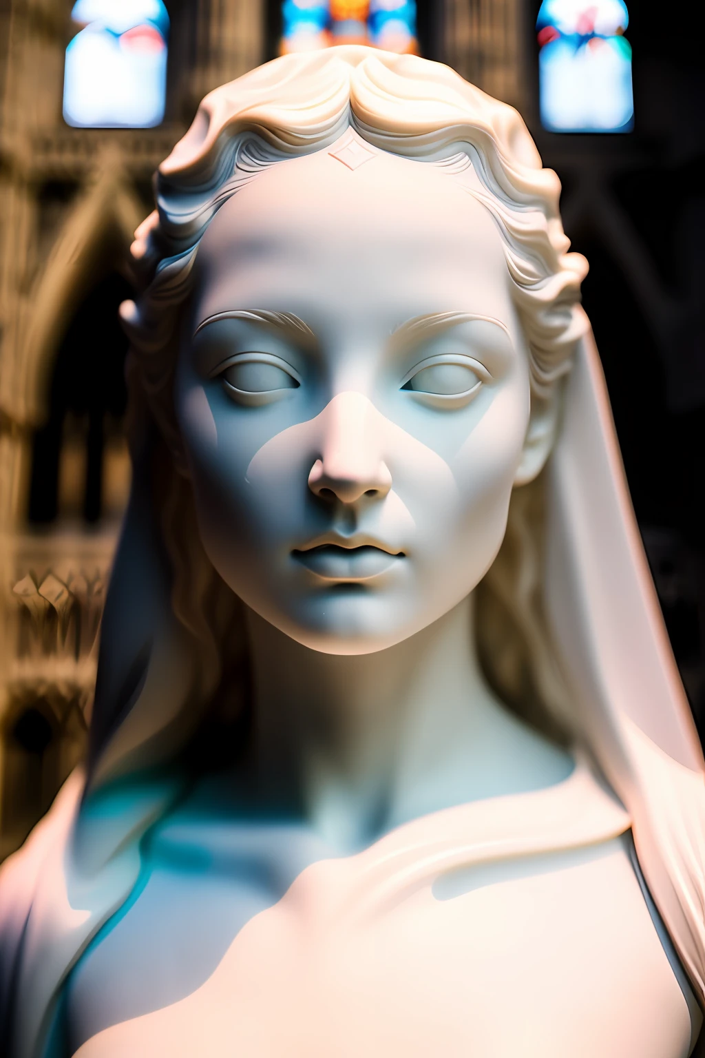 High detail RAW color art, animation, marble skin of an angel, high angle, marble ((statue)), (((ultra detailed elegant, beautiful face))), white skin, transparant marble (((veil)))  covers the face, folds, magical atmosphere, (focus on face), (((gothic cathedral on background))), (detailed skin, skin texture), (intricately detailed, fine details, hyper detailed), raytracing, subsurface scattering, diffused soft lighting, shallow depth of field, by (Oliver Wetter), by Leonardo da Vinci, by emylie boivin, photographed on a Canon EOS R5, 28mm lens, F/2.8, sharp focus bokeh