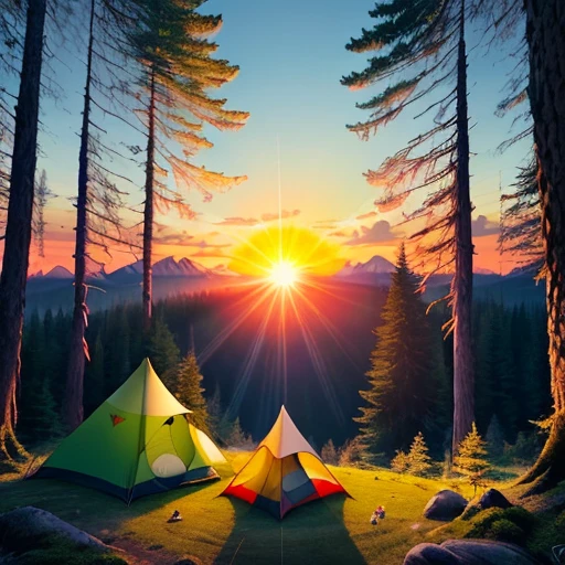 artwork of t-shirt graphic design, scouts, flat design of a lone tent in the lush forest, colorful shades, highly detailed clean, vector image, photorealistic masterpiece, professional photograph, simple sunrise backdrop for monster, flat white background, isometric, vibrant vector