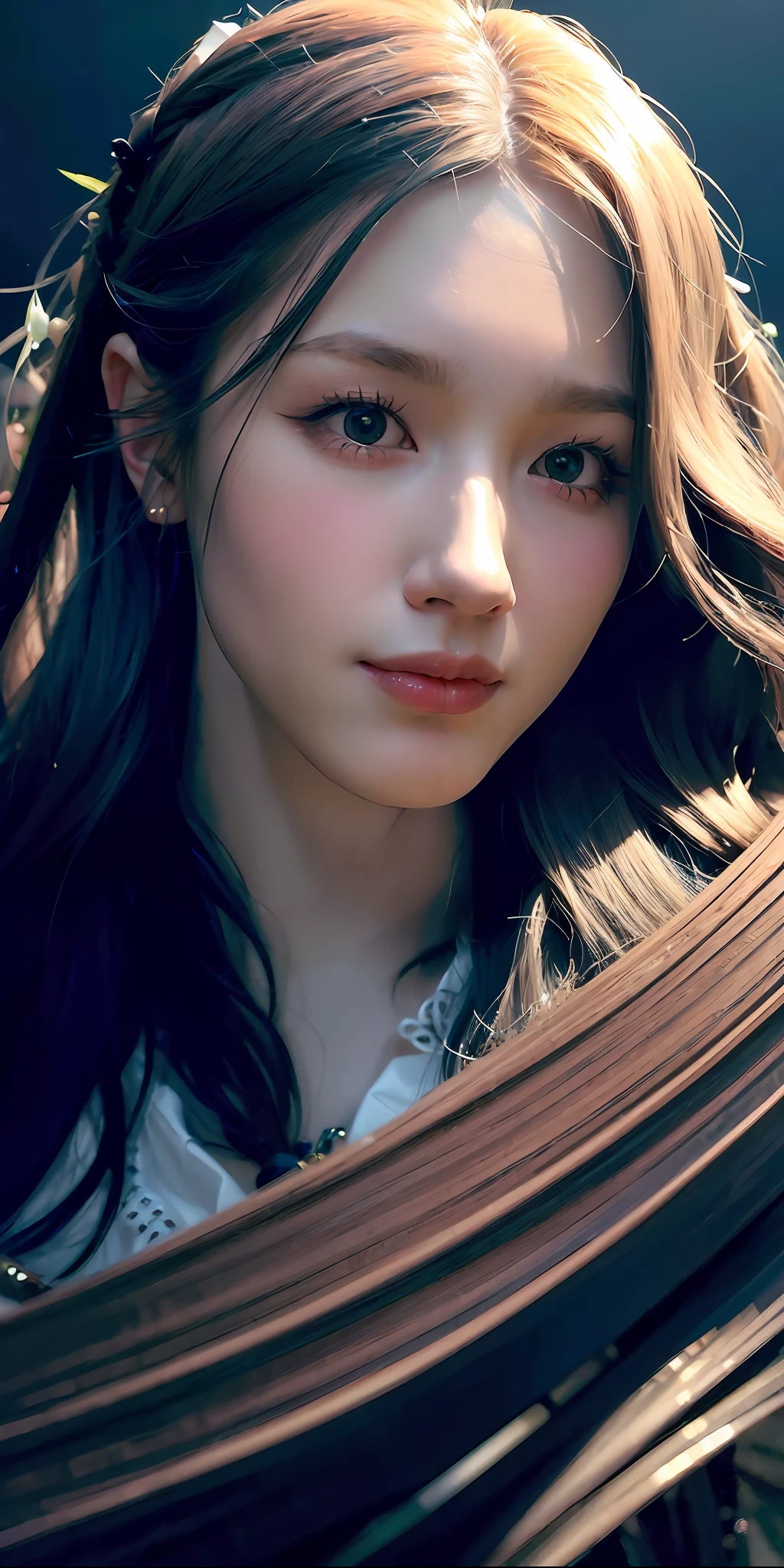 (in the dark:1.6), Hyperrealist portrait of female by david hockney and alphonse mucha,fantasy art, photo realistic, dynamic lighting, artstation, poster, volumetric lighting, very detailed faces, smilling face, 4k, award winning, perfect face, detail face, 1girl, in the dark, deep shadow, low key, close-up ,(official clothing:1.4) , long hair