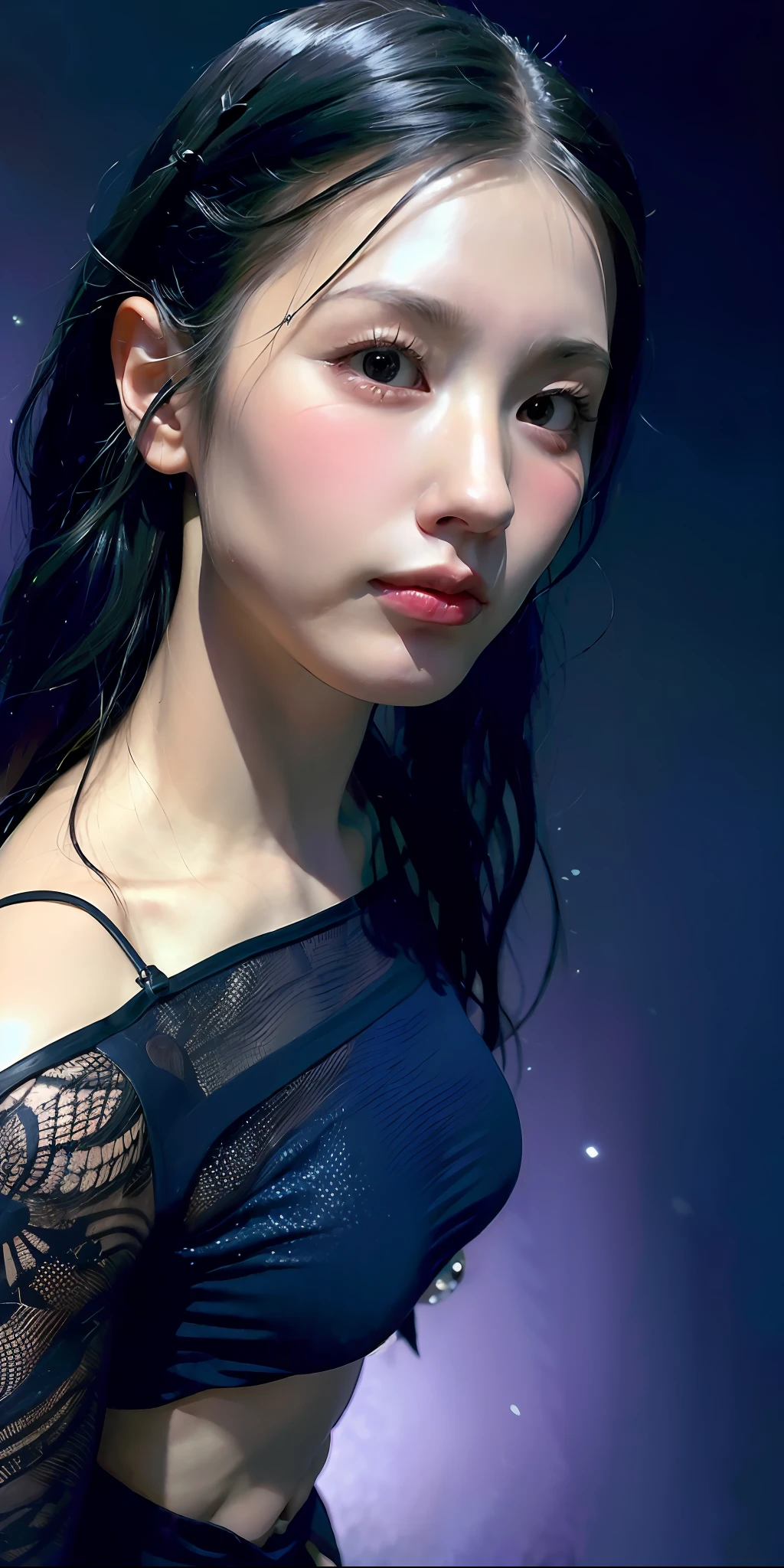 (in the dark:1.6), Hyperrealist portrait of female by david hockney and alphonse mucha,fantasy art, photo realistic, dynamic lighting, artstation, poster, volumetric lighting, very detailed faces, smilling face, 4k, award winning, perfect face, detail face, 1girl, in the dark, deep shadow, low key, close-up ,(official clothing:1.4) , long hair
