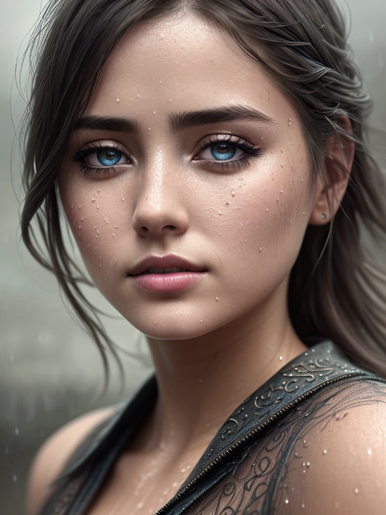 a portrait photo Ana de Armas, detailed rain, wet skin, freezing, masterpiece, (beautiful detailed eyes:1.1), best quality,  illustration, (detailed lighting:1.2),  (beautiful detailed glow:1.3), leather clothing, deep cleavage, dirty, intricate, digital painting, smooth, sharp focus, end of the world, epic realistic, (hdr:1.4), (muted colors:1.4), apocalypse, abandoned, neutral colors, night, screen space refractions, (intricate details, hyperdetailed:1.3), artstation, cinematic shot, vignette, complex background, building