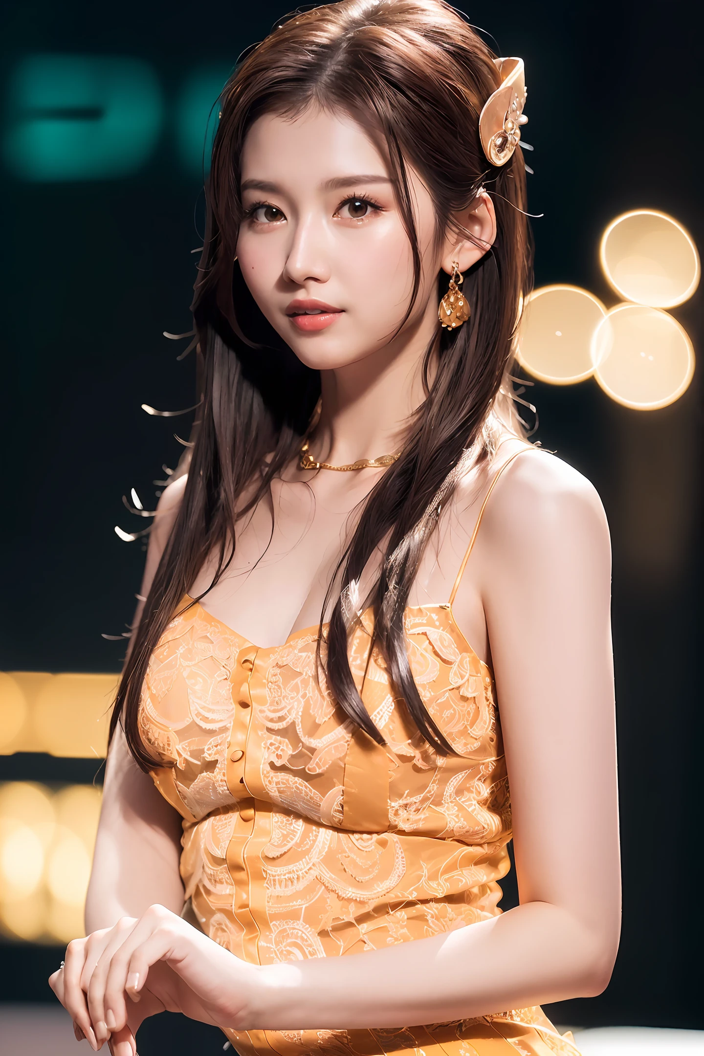 (8k, RAW photo, best quality, masterpiece:1.2),(High detail RAW color photo professional close photograph),(realistic, photo-realistic:1.37),(best shadow),(best illustration), (ultra high res,extremely detailed CG unity 8k wallpaper),(physically-based rendering),(cinematic lighting),(1 girl:1.5),(bokeh:1.4),(collarbone),(shapely), (slim waist),(oval face),(wide shoulder), (intricate lace hair ornament),(full body),(silk stockings),very long white dress,
short hair, necklace, earrings, closed up portrait photo, evening banquet background, smile,