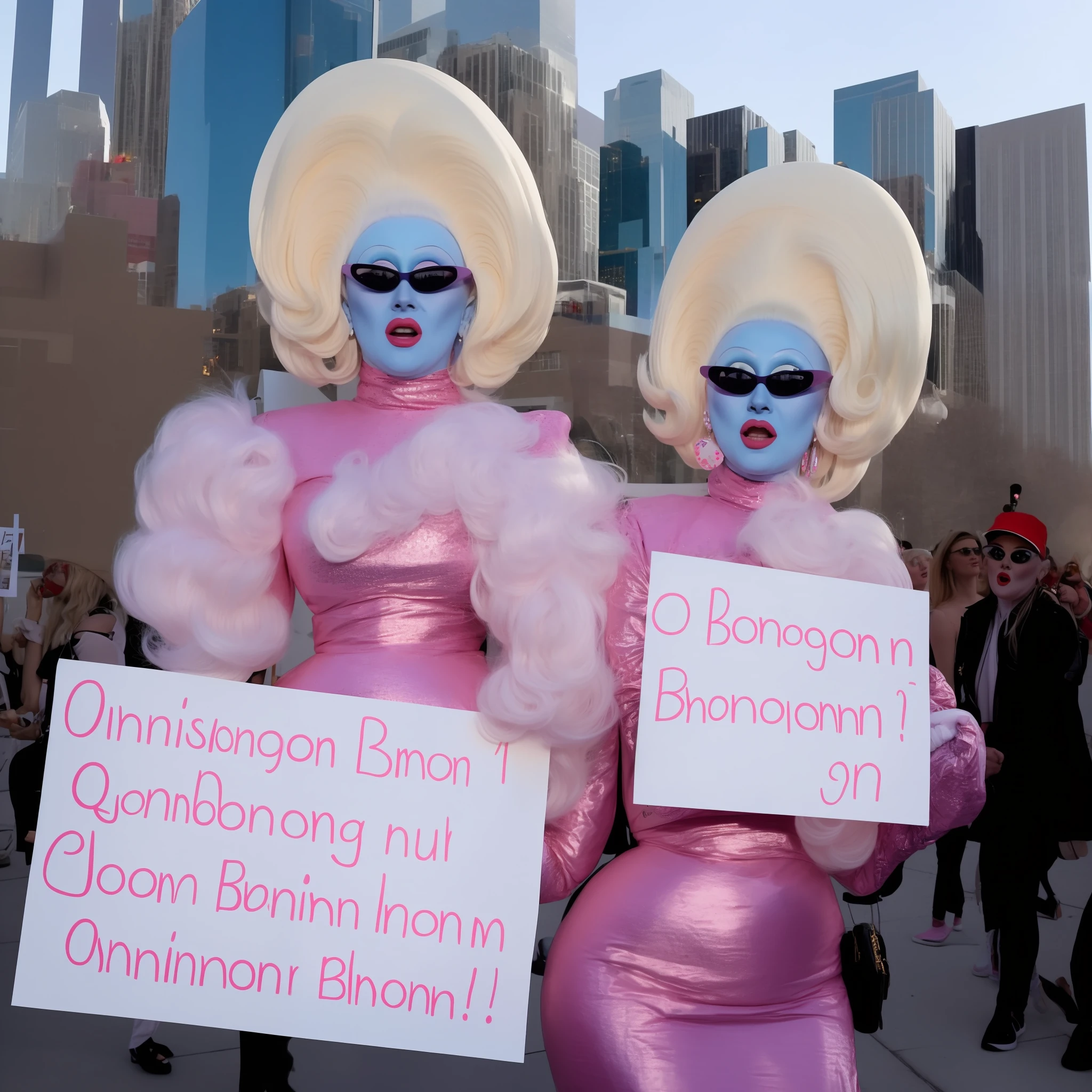 junobirch drag queen holding a blank sign