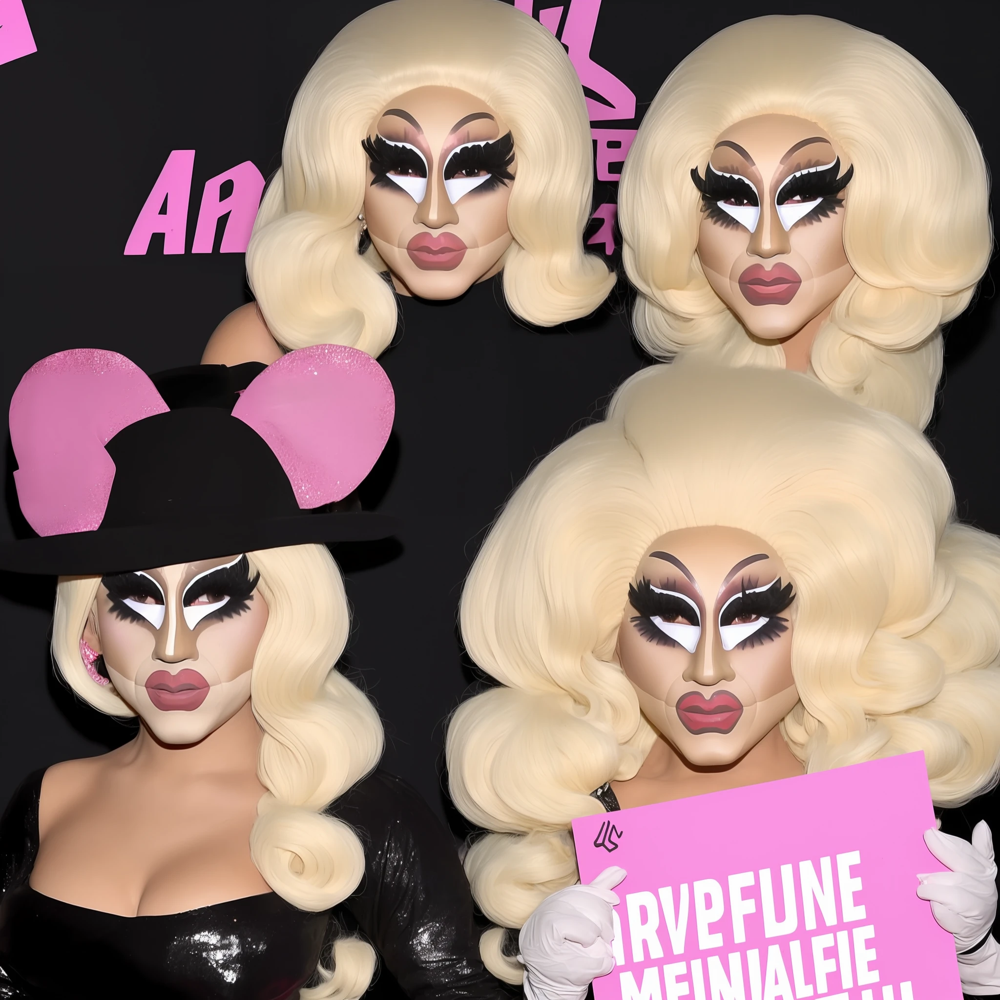 trixiemattel drag queen holding a blank sign