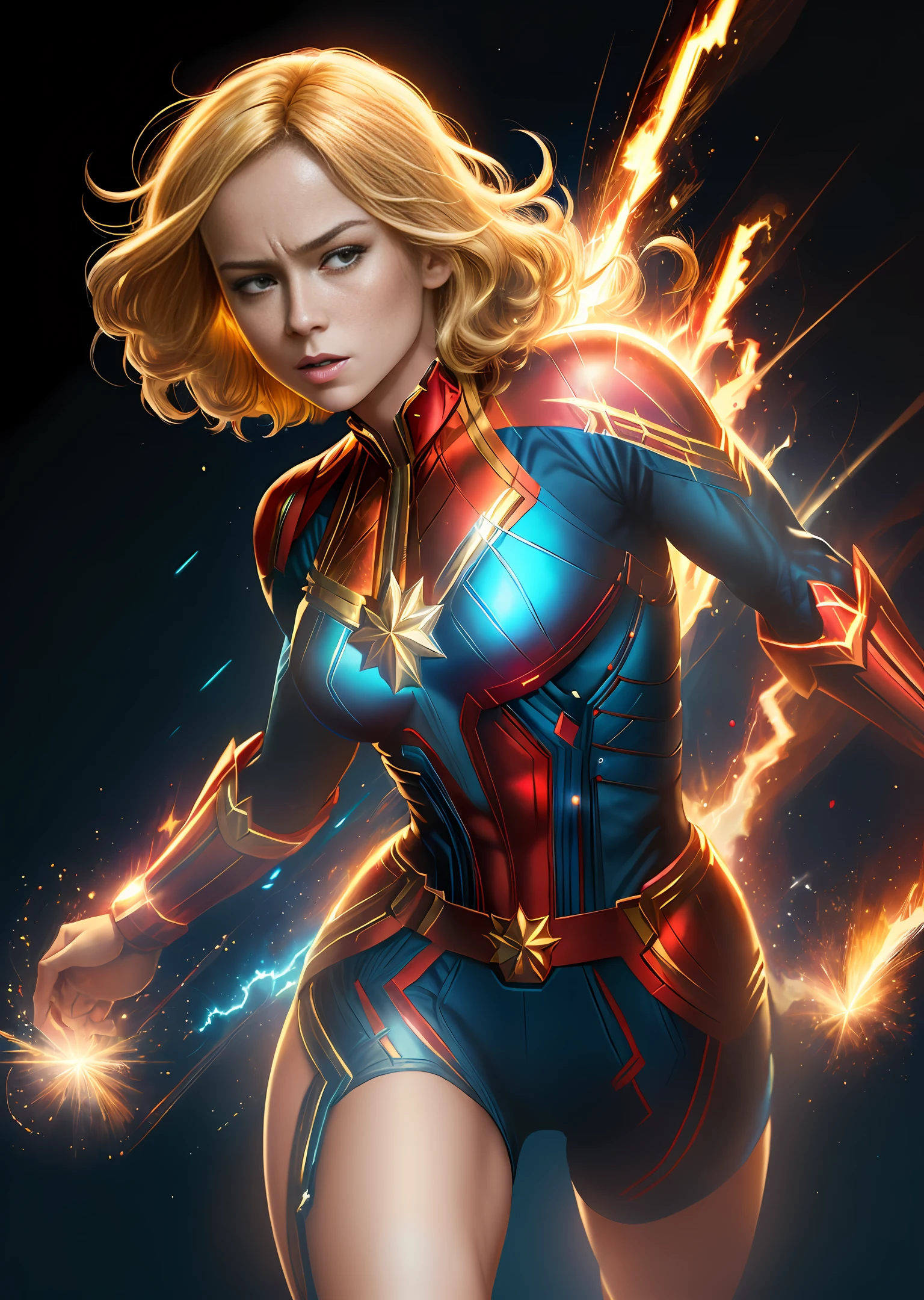 (high resolution, ultra-detailed, best quality) Sexy Captain Marvel Brie Larson poster, (dynamic pose, bold and confident expression),(((1girl)),short blonde hair, blue eyes, red and gold outfit), glowing energy aura around body, vibrant color palette.