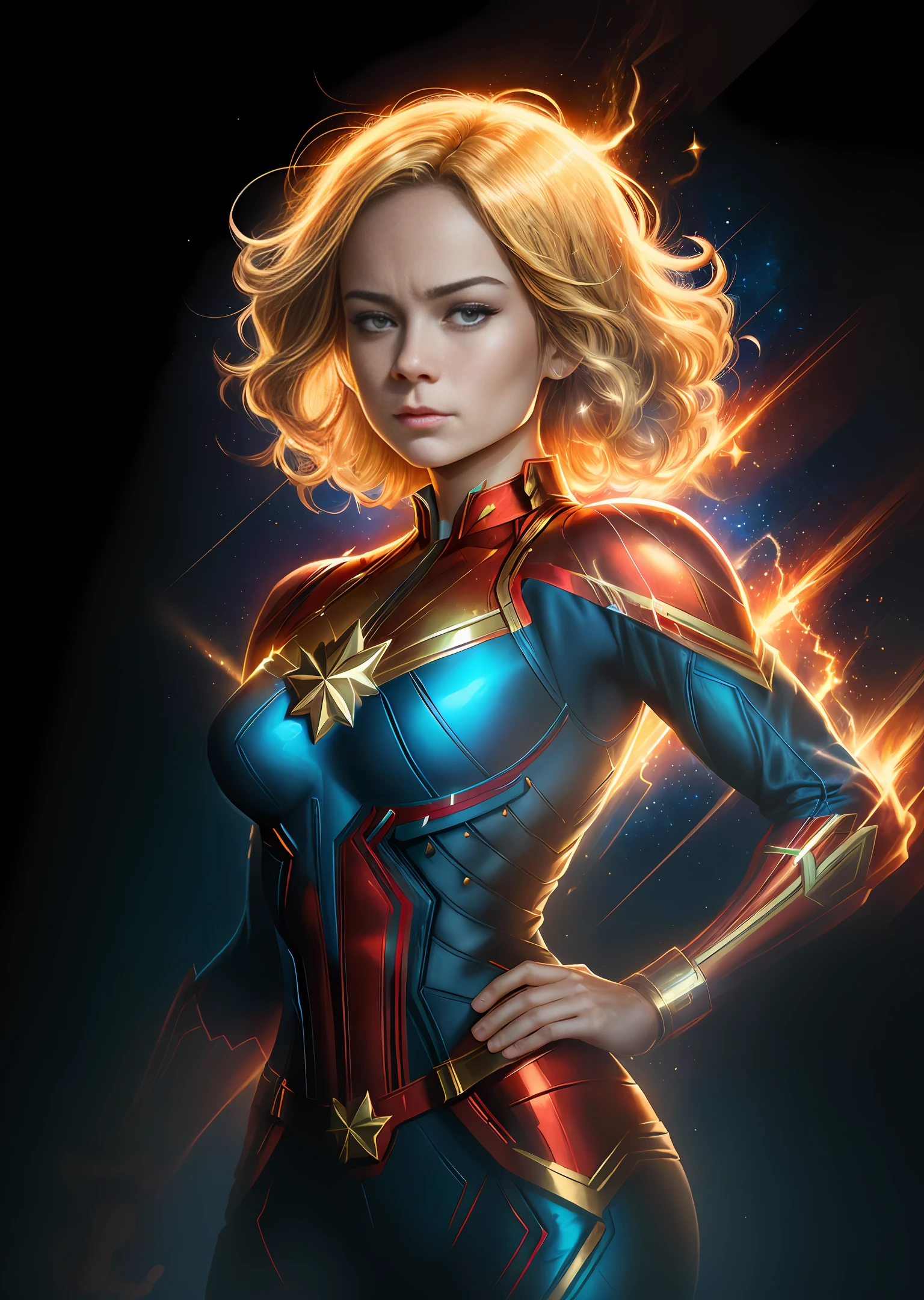 (high resolution, ultra-detailed, best quality) Sexy Captain Marvel Brie Larson poster, (dynamic pose, bold and confident expression),(((1girl)),short blonde hair, blue eyes, red and gold outfit), glowing energy aura around body, vibrant color palette.