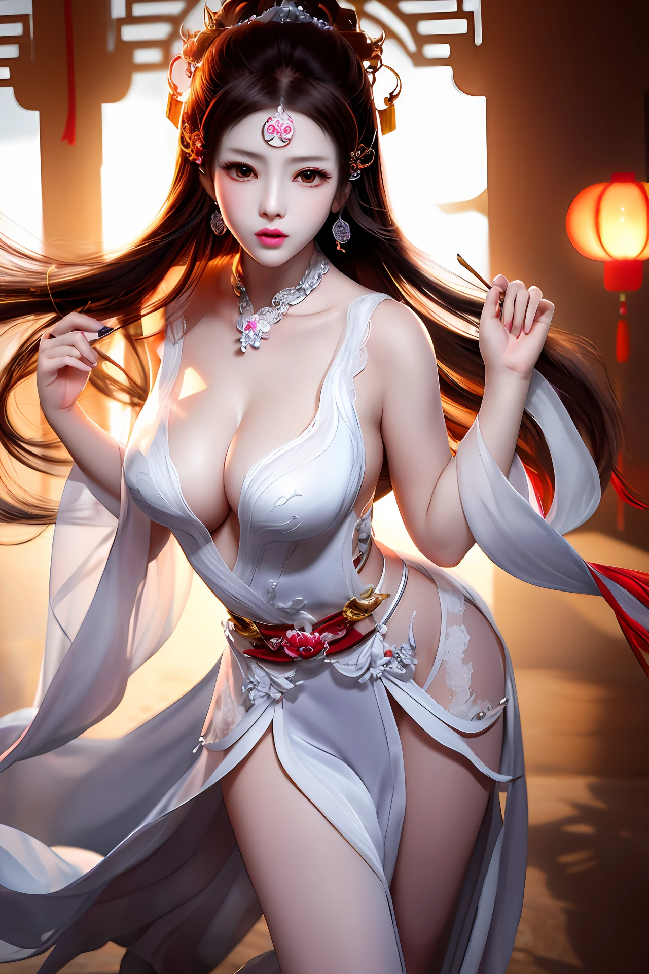 best quality, masterpiece, Beautiful face,1girl, long_hair, whole body,hair ornament, necklace, jewelry, earrings, exquisite facial features,exquisite hair,Seduce your eyes,perfect skin,beautiful lips，Girls aged 20 to 23，young girl,（The body of desire），large breasts, wind,（seductive expression）,attractive figure, sexy posture，breasts out, puffy,Beautiful thighs,high-heeled shoes，Chinese style,bangs,（Tongue out），((perfect female figure))，Hands behind your back，(masterpiece:1.0), (best quality:1.4), (ultra highres:1.2),4K quality, (delicate illustration:1.4),(8k, RAW photo:1.2),soft focus,(sharp focus:1.4), vibrant colors,high quality, high contrast,gorgeous light and shadow,(best quality),(Japanese:0.5),(korean:0.8), (Liu Yi Fei:1.5),