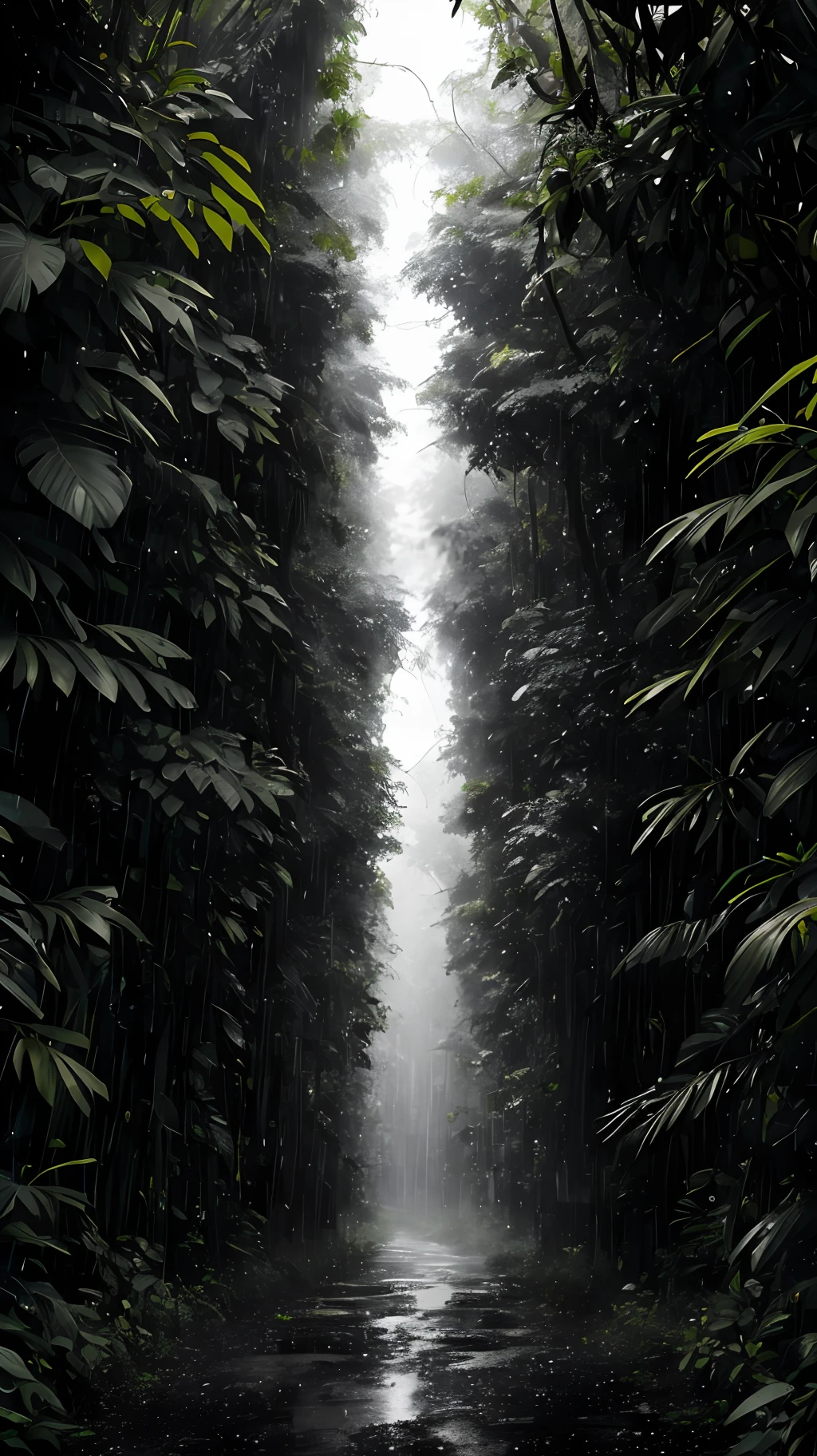 Jungle, with intense rains, monochrome, vines all around, giant and wet trees, masterpiece, best quality, high quality, extremely detailed CG unity 8k wallpaper, oil painting, award-winning photography, bokeh, depth of field, HDR, flowering, Chromatic aberration, photorealistic, very detailed, popular on artstation, popular at CGety Society, sophisticated, high detail, dramatic, mid-way art, surround lighting