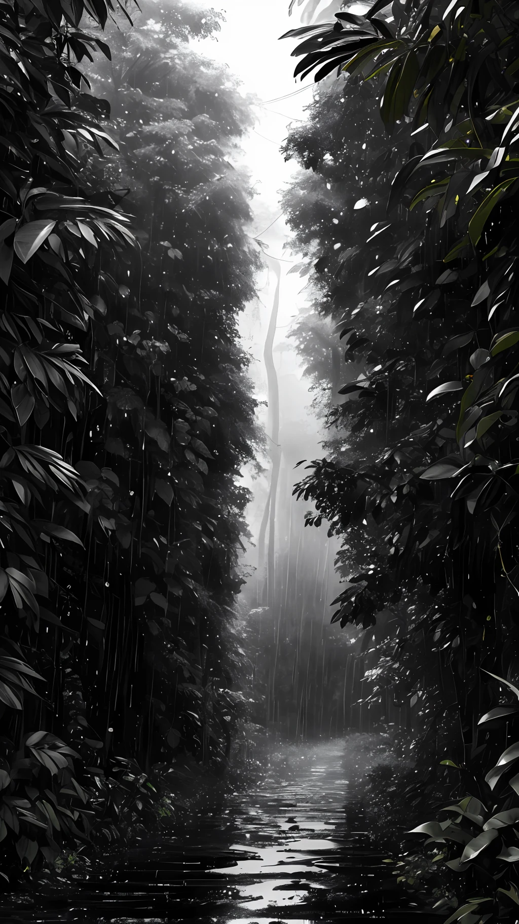 Jungle, with intense rains, monochrome, vines all around, giant and wet trees, masterpiece, best quality, high quality, extremely detailed CG unity 8k wallpaper, oil painting, award-winning photography, bokeh, depth of field, HDR, flowering, Chromatic aberration, photorealistic, very detailed, popular on artstation, popular at CGety Society, sophisticated, high detail, dramatic, mid-way art, surround lighting