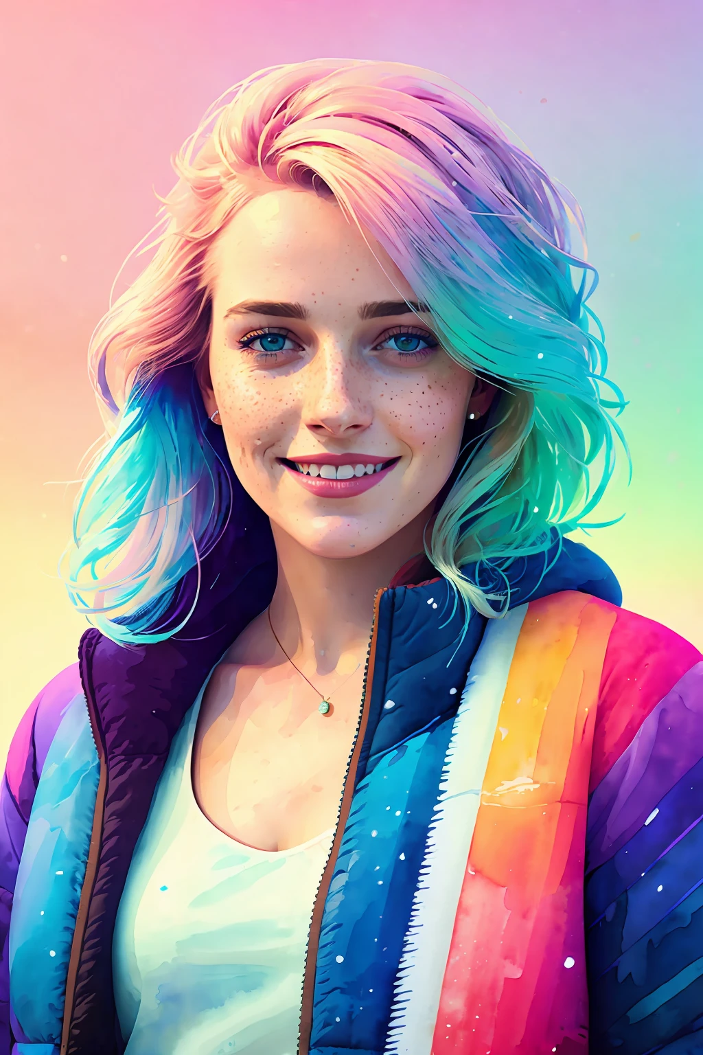 portrait of beautiful smiling woman with some freckles, snow-covered mountain landscape background by ilya kuvshinov and annie leibowitz. synthwave watercolor painting on canvas trending in artstation dramatic lighting abstract expressionism pastel shades tones (hd) golden ratio details aesthetic octane render excellent composition natural textures 8k oil paining masterpiece canon eos r4s 50