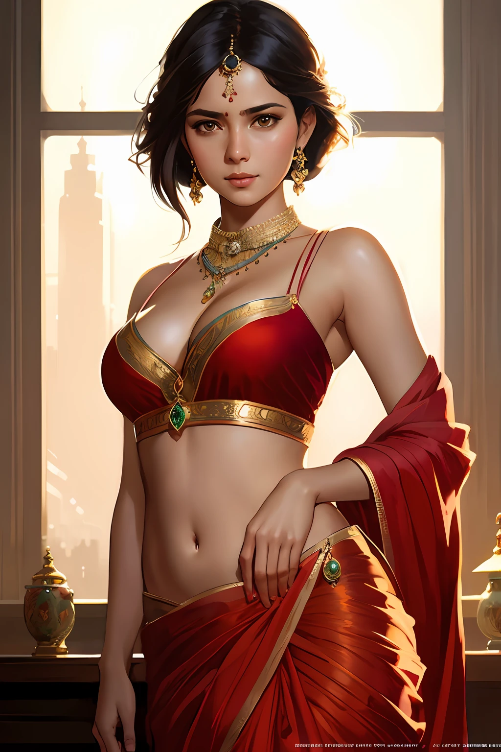 modelshoot style, (extremely detailed CG unity 8k wallpaper), full shot body photo of the most beautiful artwork in the world, stunningly beautiful photo realistic sexy cute women in saree (navel:1.5), beautiful face gorgeous navel, breasts perfect body voluptuous HDR Digital painting art by wlop artgerm greg rotkowski alphonse mucha cgsociety, professional majestic oil painting by Ed Blinkey, Atey Ghailan, Studio Ghibli, by Jeremy Mann, Greg Manchess, Antonio Moro, trending on ArtStation, trending on CGSociety, Intricate, High Detail, Sharp focus, dramatic, photorealistic painting art by midjourney and greg rutkowski