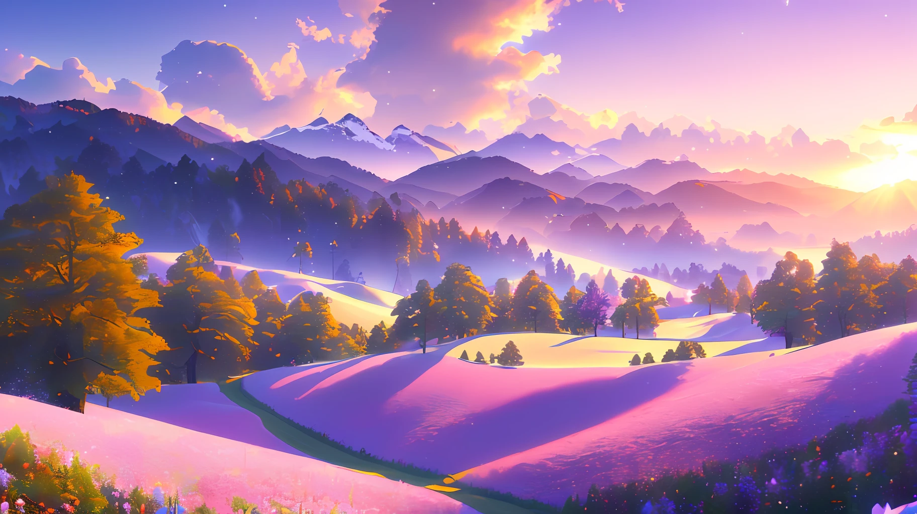 masterpiece, best quality, high quality, extremely detailed CG unity 8k wallpaper a beautiful landscapes oil paiting, award winning photography, Bokeh, Depth of Field, HDR, bloom, Chromatic Aberration ,Photorealistic,extremely detailed, trending on artstation, trending on CGsociety, Intricate, High Detail, dramatic, art by midjourney
AND masterpiece, best quality, high quality, extremely detailed CG unity 8k wallpaper A lush summer landscape, with rolling green hills that stretch towards the horizon, dotted with wildflowers in shades of pink, yellow, and purple, volumetric lighting
AND masterpiece, best quality, high quality, extremely detailed CG unity 8k wallpaper A serene autumn landscape, surrounded by trees in hues of golden yellow, fiery red, and burnt orange. The crisp air carries the sweet fragrance of fallen leaves and wood smoke. The ground is covered with a blanket of warm-colored leaves that rustle underfoot. In the distance, a misty mountain range rises up, volumetric lighting
AND masterpiece, best quality, high quality, extremely detailed CG unity 8k wallpaper A breathtaking winter landscape, blanketed in a mantle of snow, creating a world of glittering whites and cool blues. Tall evergreens stand tall and proud, their branches weighed down by heavy snow, volumetric lighting
AND masterpiece, best quality, high quality, extremely detailed CG unity 8k wallpaper A vibrant spring landscape, bursting with new life and color. Rolling hills are covered with a carpet of green, dotted with delicate wildflowers in shades of pink, purple, and yellow, volumetric lighting