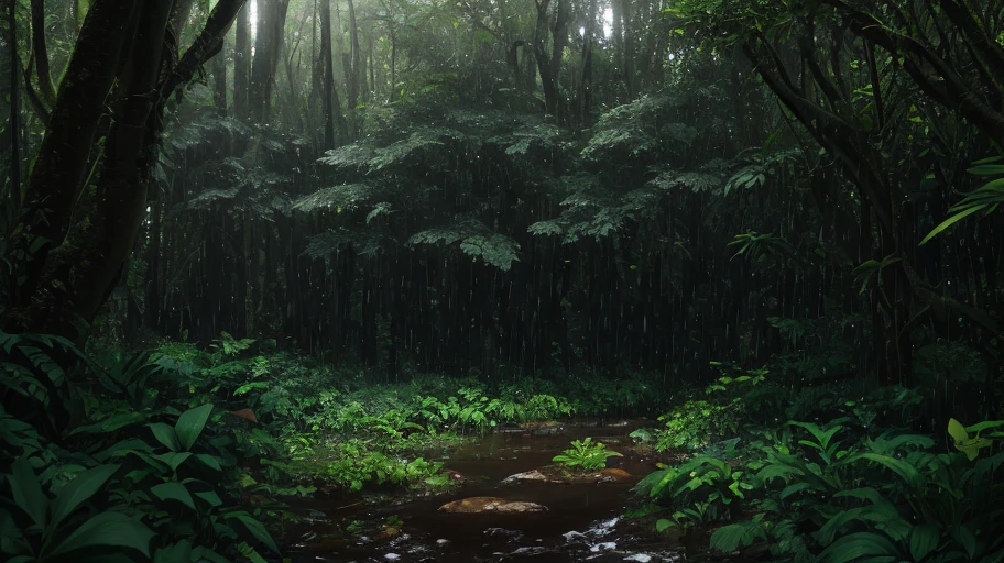 A jungle, with intense rainfall, monochromatic, vines all around, giant and wet trees, masterpiece, best quality, high quality, extremely detailed CG unity 8k wallpaper, oil paiting, award winning photography, Bokeh, Depth of Field, HDR, bloom, Chromatic Aberration ,Photorealistic,extremely detailed, trending on artstation, trending on CGsociety, Intricate, High Detail, dramatic, art by midjourney, volumetric lighting