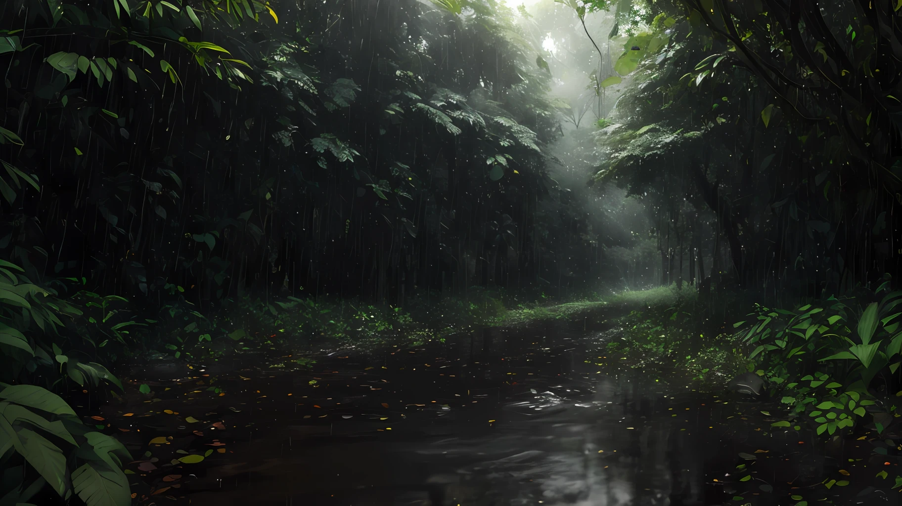A jungle, with intense rainfall, monochromatic, vines all around, giant and wet trees, masterpiece, best quality, high quality, extremely detailed CG unity 8k wallpaper, oil paiting, award winning photography, Bokeh, Depth of Field, HDR, bloom, Chromatic Aberration ,Photorealistic,extremely detailed, trending on artstation, trending on CGsociety, Intricate, High Detail, dramatic, art by midjourney, volumetric lighting