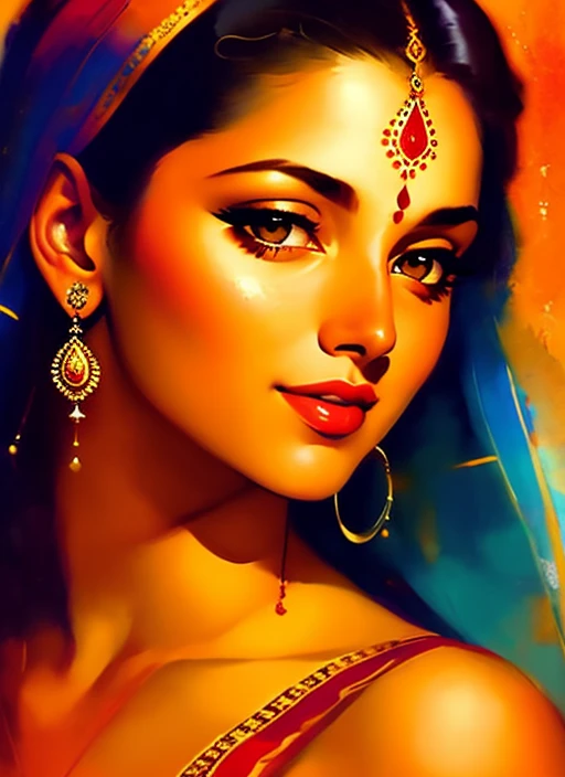 GLEN ORBIK, EARLE BERGEY, ROBERT MAGUIRE, GIL ELVGREN  a beautiful Indian  woman, Radha, bapu bomma,  by agnes cecile, luminous design, vibrant colors, ink drips, autumn lights