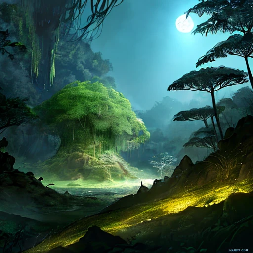 Rainforest on the moon in 10,000 years ::5futuristic, extraterrestrial setting ::4lush vegetation, lunar landscape ::3otherworldly, imaginative concept ::2vivid colors, breathtaking visuals ::1--s 250