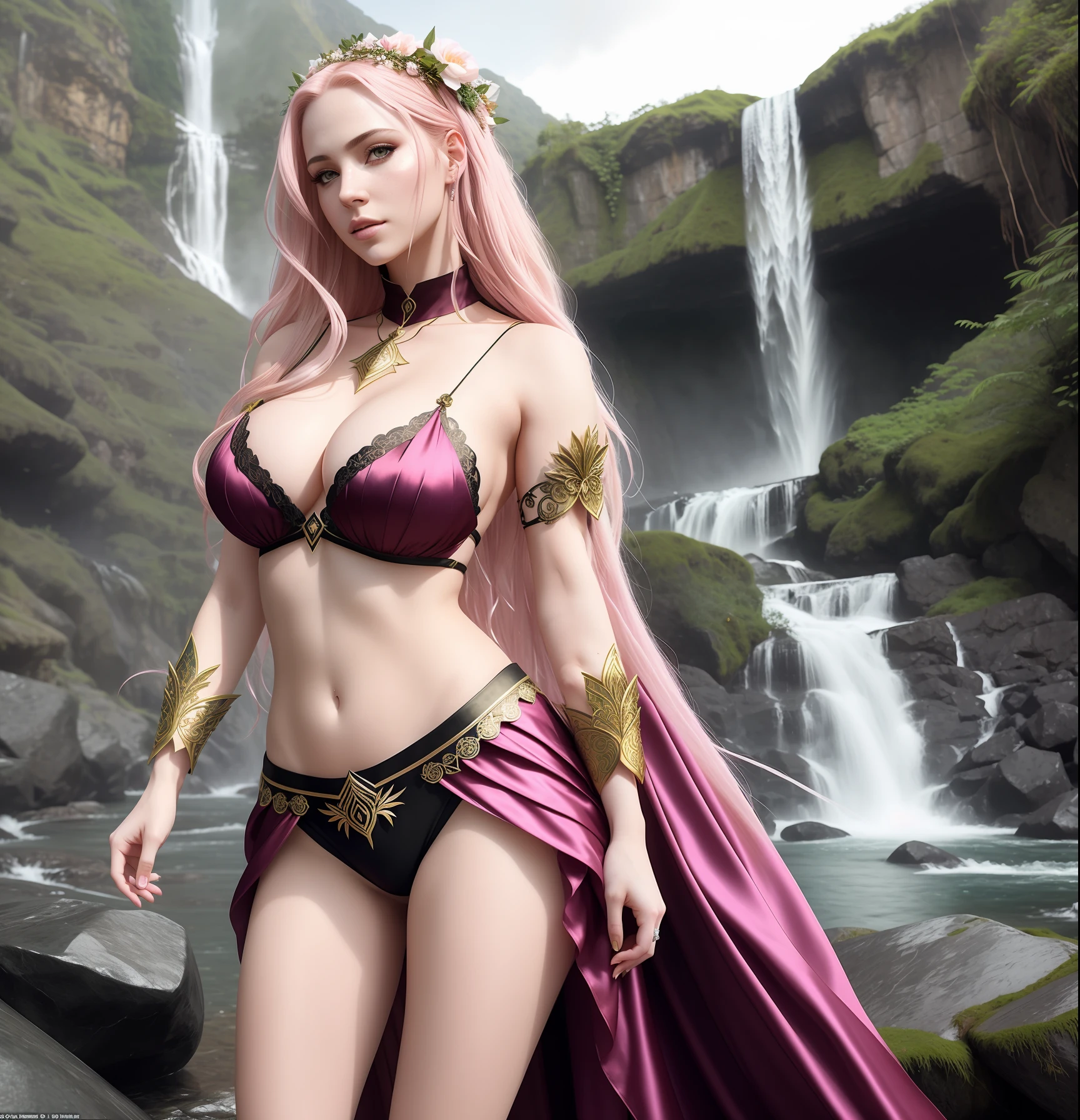 1 beautiful female enchantress, intricate clothing, detailed silk clothing, dark fantasy, dynamic pose, standing, dark, grungy,. Unreal engine, dynamic pose, realistic beautiful pale skin latina (pink hair) woman, large breasts, medium hair, near a waterfall, flowing hair, wrist cuffs, (photorealistic), masterpiece, detailed eyes, realistic face, 4K, volumetric lighting, analog, (bloom: 1.3)