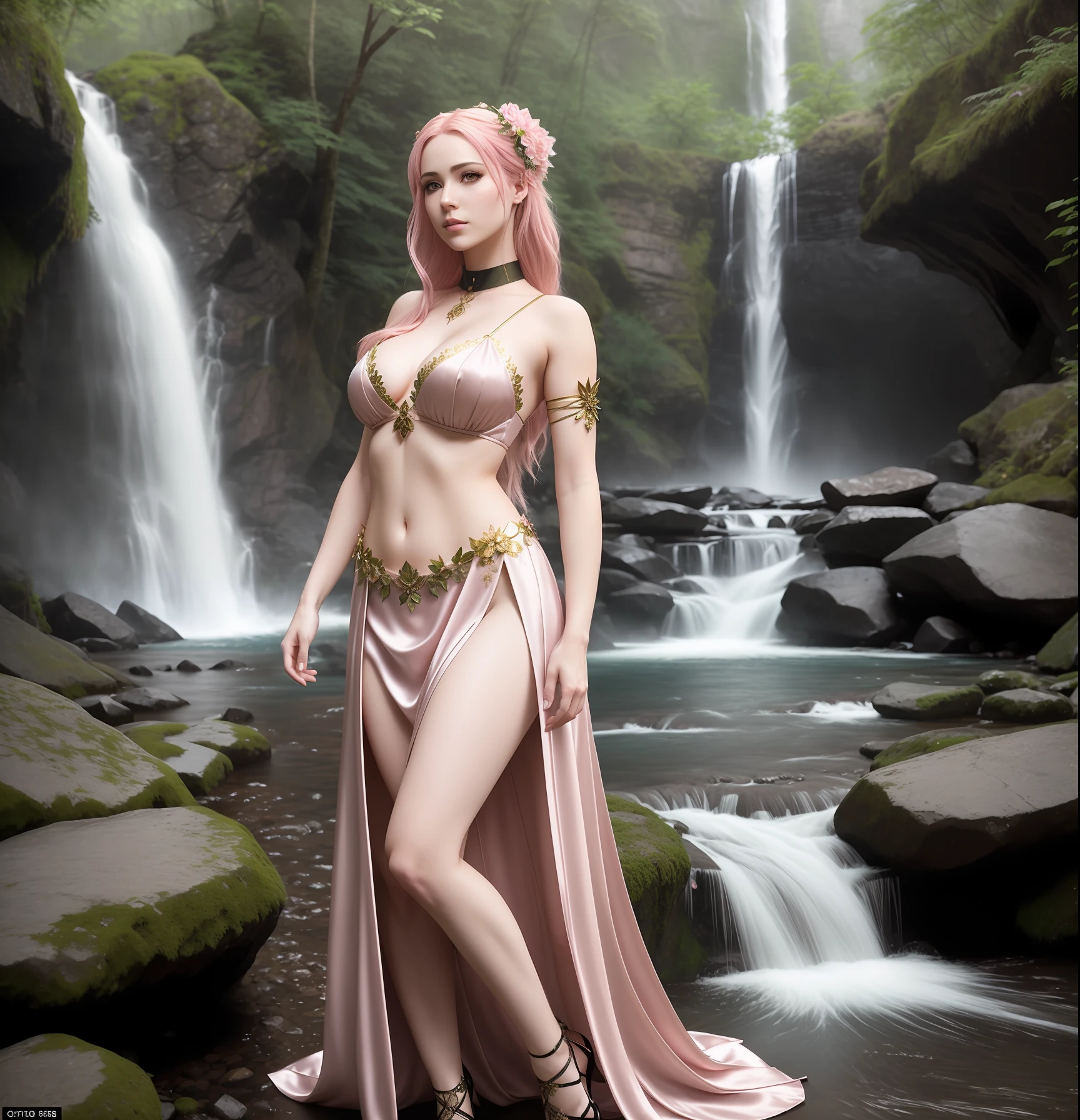 1 beautiful female enchantress, intricate clothing, detailed silk clothing, dark fantasy, dynamic pose, standing, dark, grungy,. Unreal engine, dynamic pose, realistic beautiful pale skin latina (pink hair) woman, large breasts, medium hair, near a waterfall, flowing hair, wrist cuffs, (photorealistic), masterpiece, detailed eyes, realistic face, 4K, volumetric lighting, analog, (bloom: 1.3)