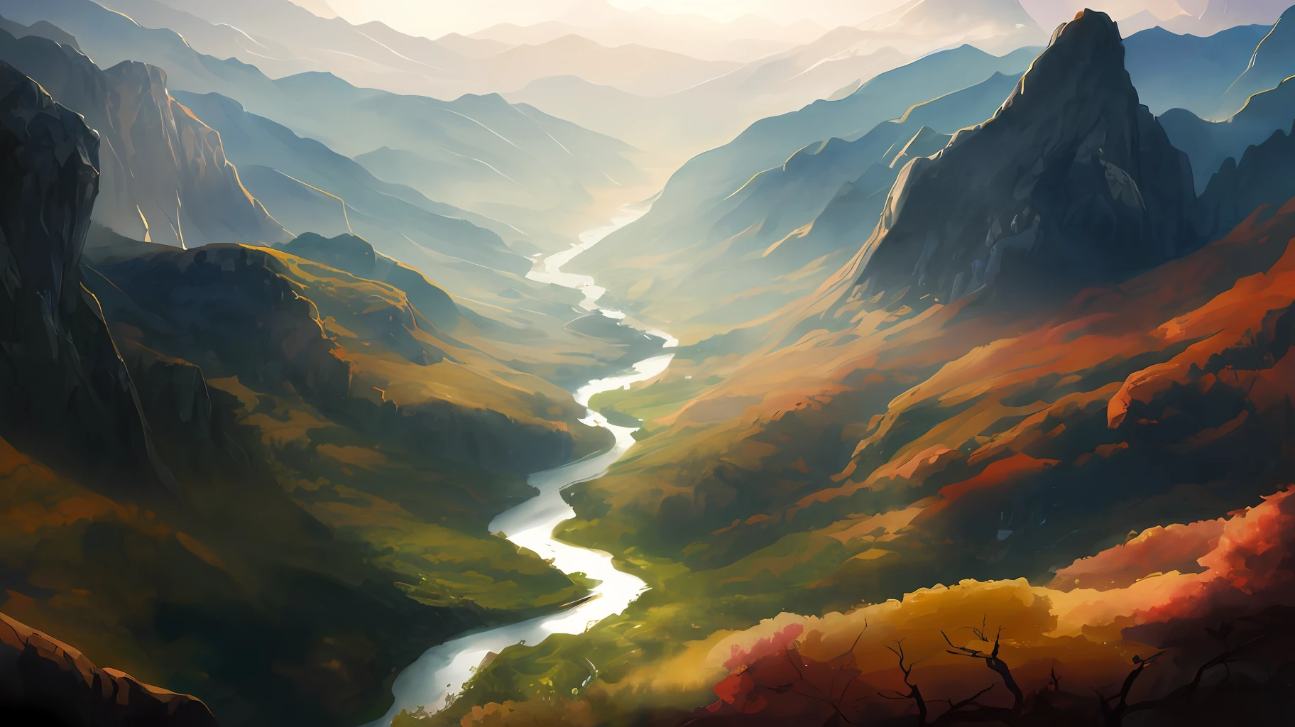 painting of a river running through a valley surrounded by mountains, 8k resolution digital painting, 8 k resolution digital painting, fantasy landscape painting, 4 k digital painting, 4k digital painting, fantasy art landscape, an epic landscape, detailed digital painting, most epic landscape, epic landscape, very detailed digital painting, epic digital painting, stunning digital painting, digital painting concept art