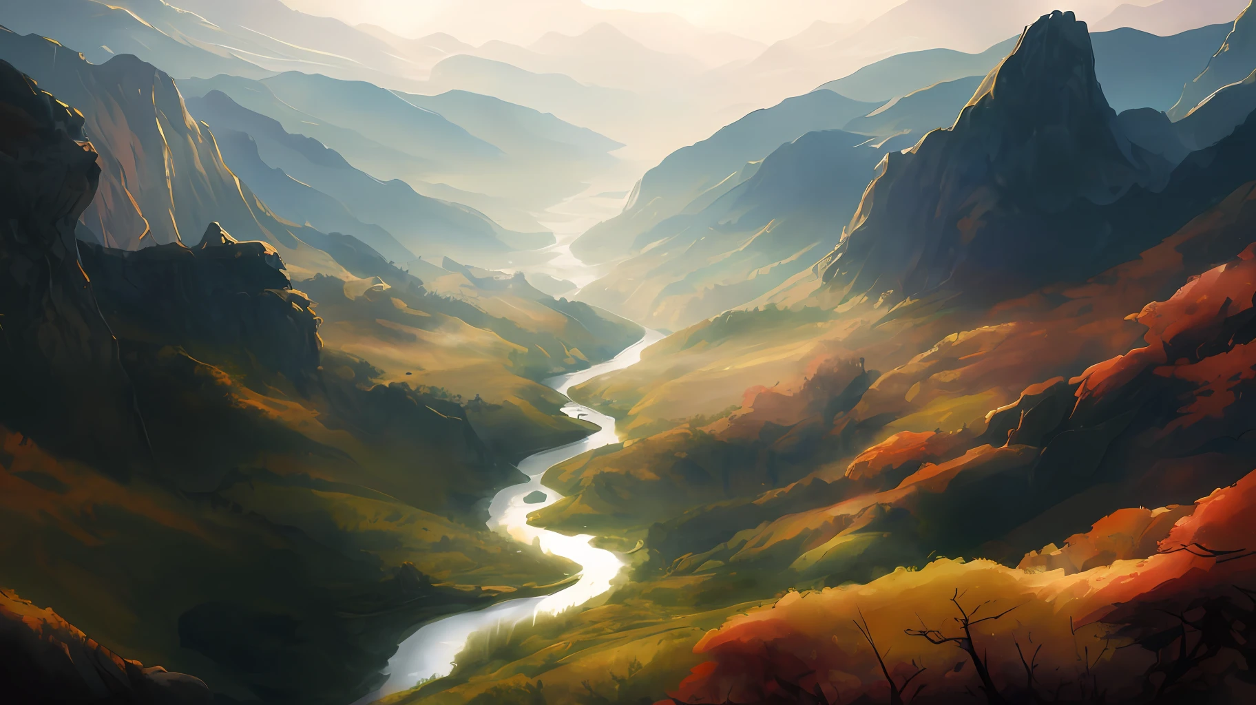 painting of a river running through a valley surrounded by mountains, 8k resolution digital painting, 8 k resolution digital painting, fantasy landscape painting, 4 k digital painting, 4k digital painting, fantasy art landscape, an epic landscape, detailed digital painting, most epic landscape, epic landscape, very detailed digital painting, epic digital painting, stunning digital painting, digital painting concept art