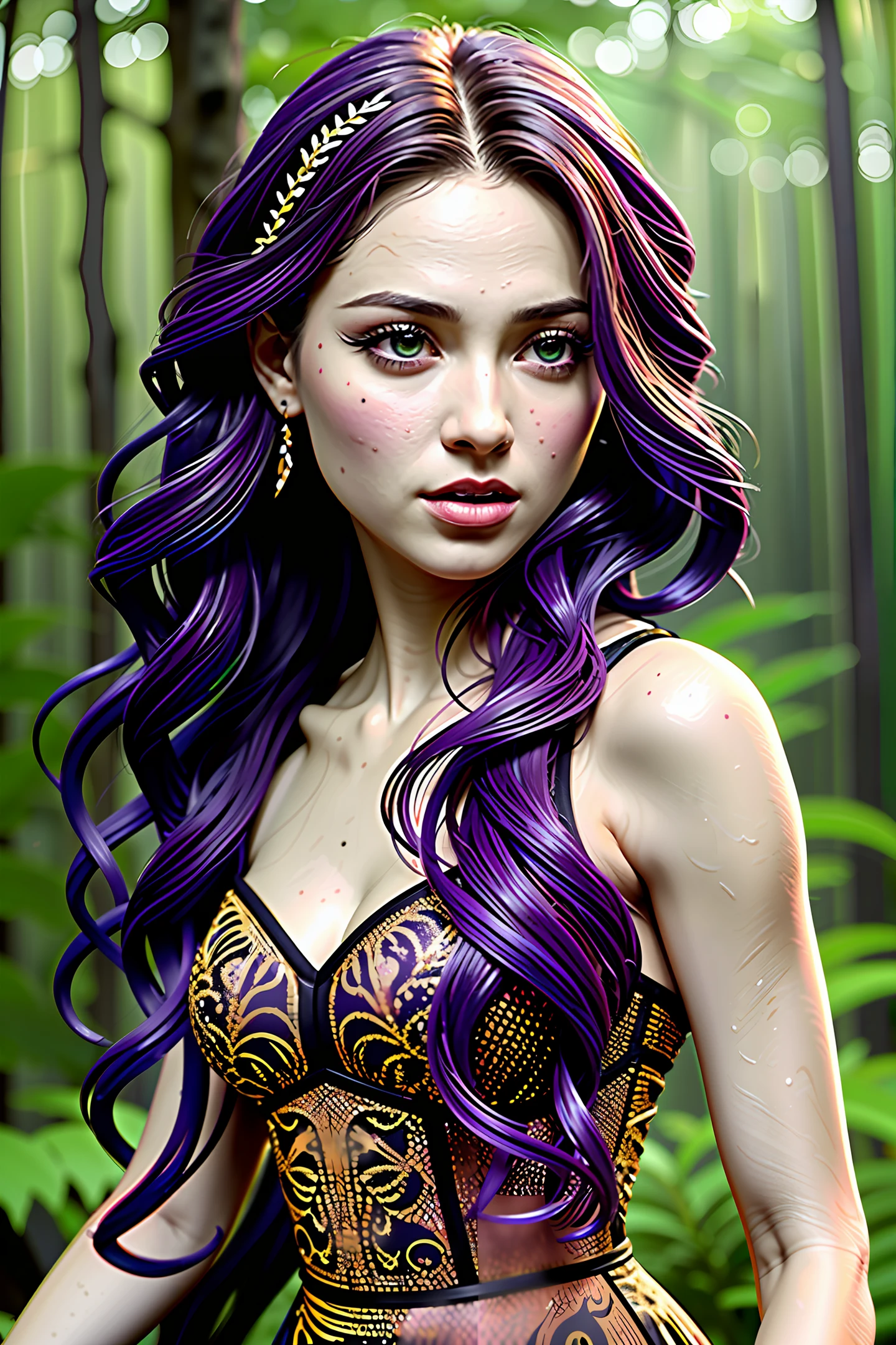 Masterpiece, 4k, photorealistic image of a beautiful young woman enchantress, in a magical forest fighting dark and evil forces, wearing a detailed purple and black dress, intricate details, detailed background, black hair with color streaks, flowing hair, blue eyes (highly detailed skin:1.2), volumetric lighting,