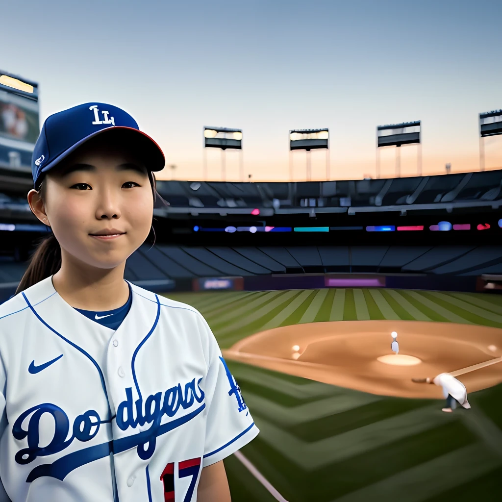 "Creating an ultra-realistic 8K UHD. young japanese american teenage girl, 17 years old, standing on the pitchers' mound in a los angeles dodgers uniform, about to throw the first pitch of her professional career in major league baseball. the setting is a packed Dodgers stadium. full body. highlighting her detailed skin (x1.2). Using a soft lighting technique in combination with film grain and the Fujifilm XT3 camera for a raw and high-quality look."