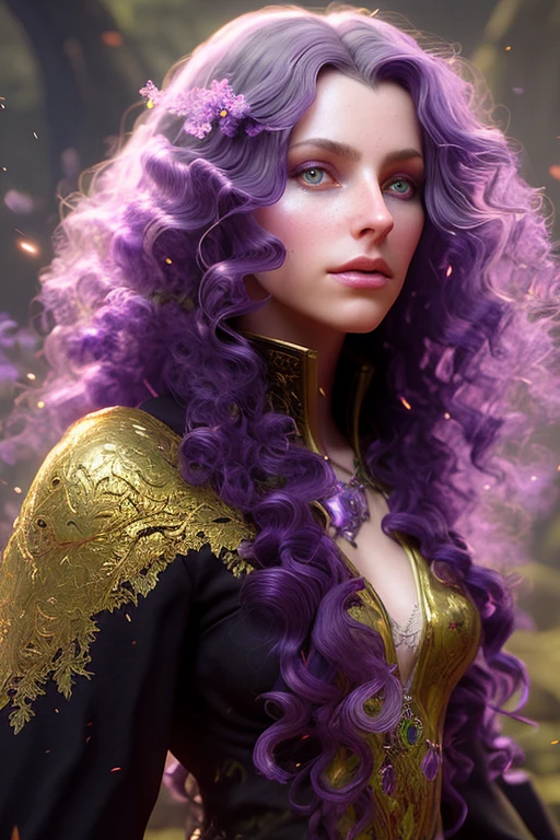Full body shot, facing camera, realistic digital painting portrait of a gothic female enchantress, (curly hair:1.1), (purple hair:1.3), magical dark and red universe, magic cloth armor with black and purple engrave in intricate details, movement, walking forward, slow-motion, (abstract background:1.2), (very detailed skin:1.2), (game concept:1.3), (elden ring style:1.3), (arcane style:0.8), (depth of field:1.3), volumetric lighting, global illumination, art by viktoria gavrilenko