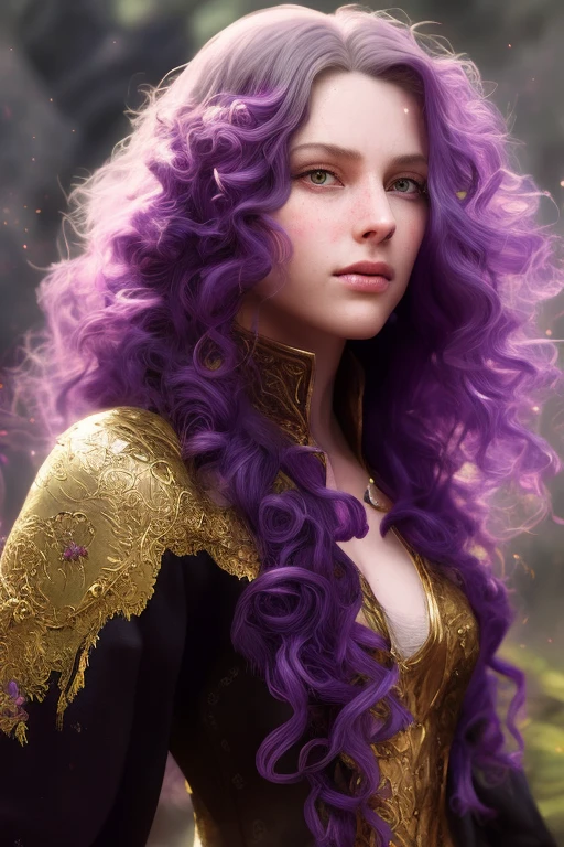 Full body shot, facing camera, realistic digital painting portrait of a gothic female enchantress, (curly hair:1.1), (purple hair:1.3), magical dark and red universe, magic cloth armor with black and purple engrave in intricate details, movement, walking forward, slow-motion, (abstract background:1.2), (very detailed skin:1.2), (game concept:1.3), (elden ring style:1.3), (arcane style:0.8), (depth of field:1.3), volumetric lighting, global illumination, art by viktoria gavrilenko