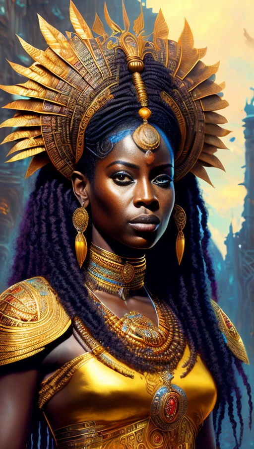 (Painting:1.3) of (Detailed illustration:1.3) A (full body:1.3) shot at 8k resolution, fantastic comic book style, photorealistic, intense look, anatomical photorealistic digital painting portrait of a, (Highly (dynamic:1.2) (palace:1.5) art detailed (rutkowski:1.2), (beautiful) (dark skin:1.3), (thicc) (female queen, long woven dreadlocks) extremely high detail, golden queen, (fantastic amazing versace ankara decoration:1.2), egyptian gold art, Artstation contest winner, afrofuturism, epic, explosive volumetric, Delightful anatomy, (fantastic perfect art, 64k ultra hd:1.1), very detailed skin, very detailed eyes, concept artist, global illumination, depth of field, (art by apterus, art by dan mumford:1.2)