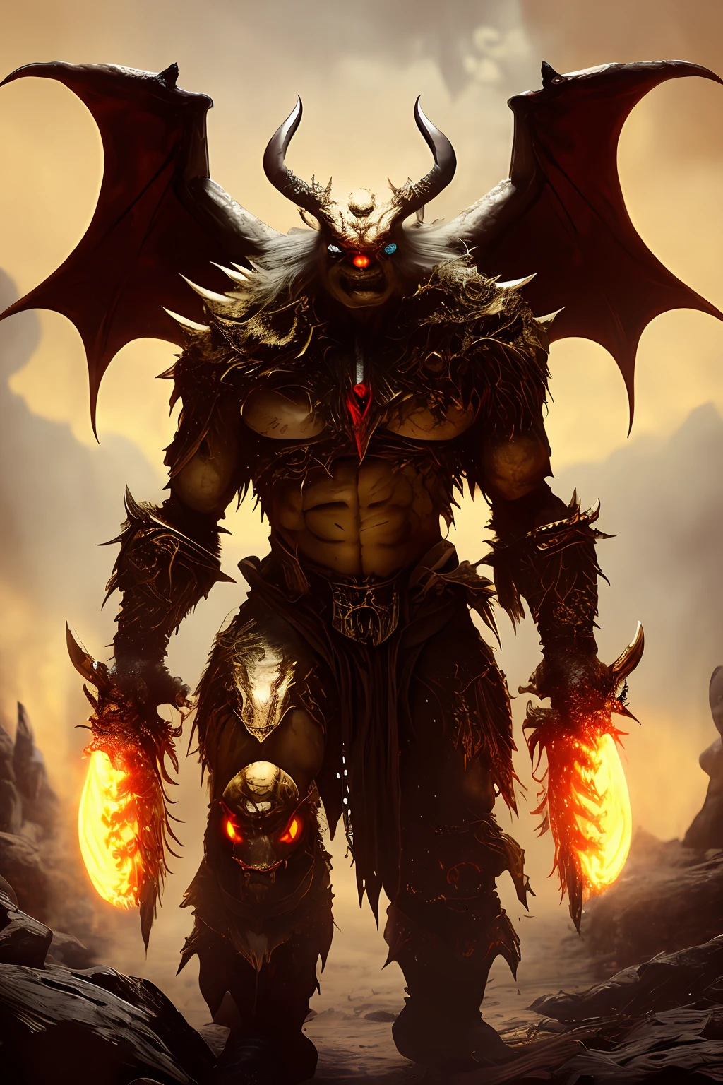 Pooka monster, Gold armor, demon, fantasy art, From his look alone enemies starting to panic, one head,devilish smile, Hell beast, demon, white-fire Sky, warrior, with scythe and shield, glowing red eyes, realisitic, highly detailed, Unreal Engine, 8k-upscale