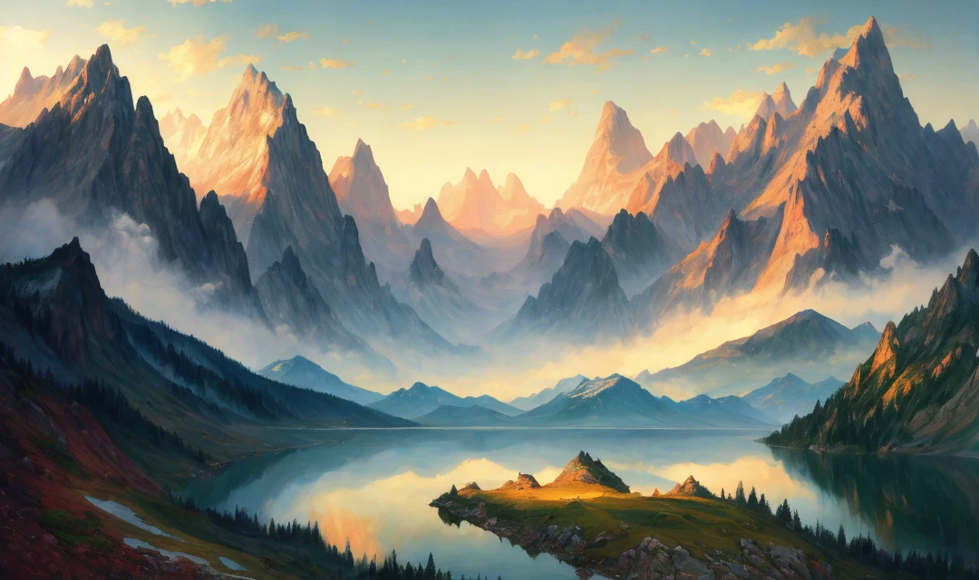 painting of a mountain scene with a lake and a mountain in the background, inspired by Thomas Moran, mountainscape, misty mountains, detailed digital painting, detailed soft painting, inspired by Bob Ross, soft digital painting, high detail digital painting, low detailed. digital painting, painted in high resolution, 8 k resolution digital painting, 8k resolution digital painting, detailed painting 4 k