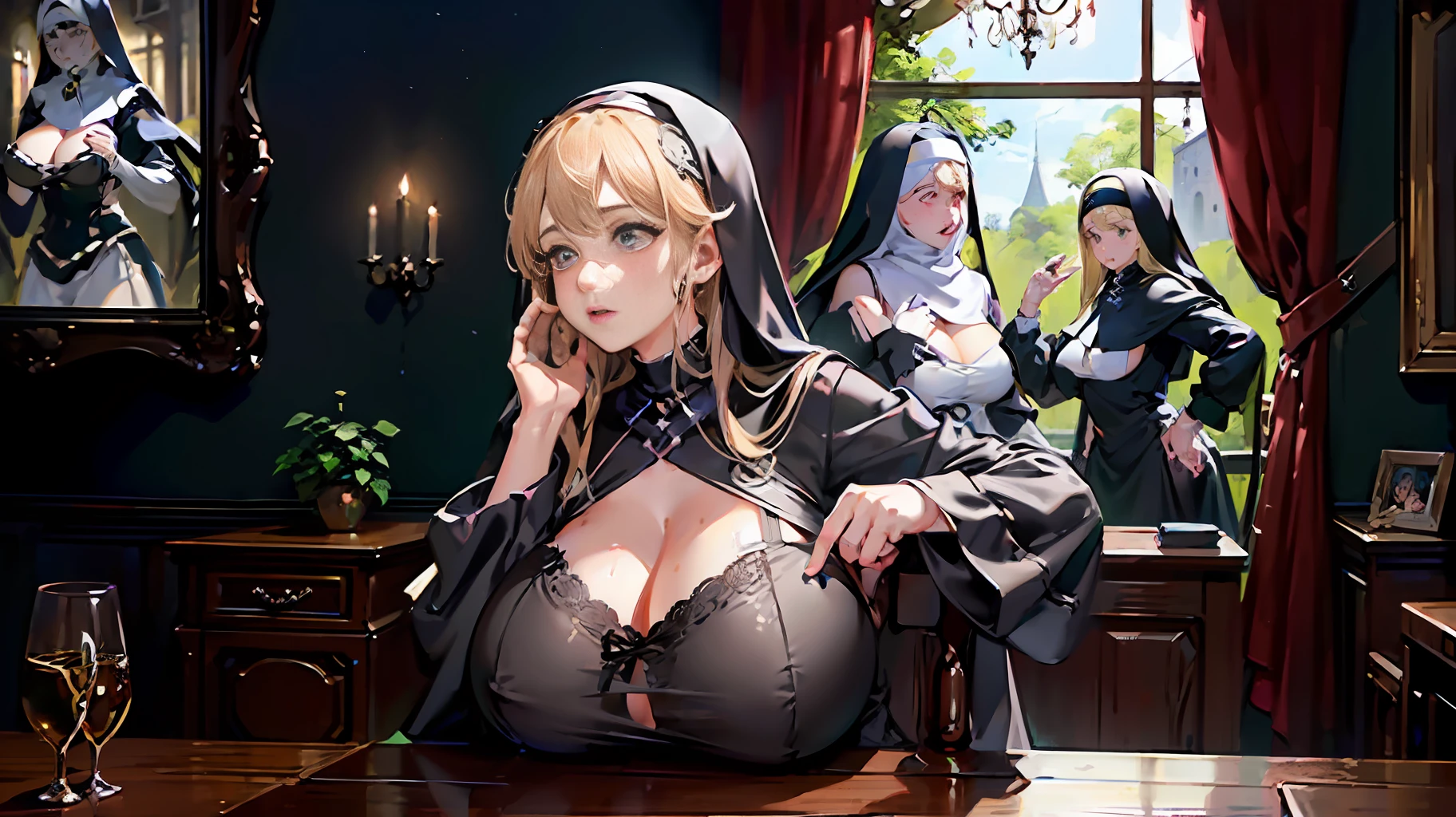 breasts resting on table, facing camera, wet shirt, see through top, ill fitting clothes, button pop, tearing clothes, Breasts larger than torso, gigantic breasts, insanely inflated breasts, Beautiful young princess nun sitting at table, white nun habit, tight black nun robes with buttons, button gap, robin wright, right and vibrant colors in background, detailed face, very detailed skin, thick and chubby body, (oppai: 1.9) breast size, chest up shot, long black burlap nun dress, billowing dress, an 18 year old nun being tempted by the devil, Bright and vibrant colors, concerned facial expression, messy bright blonde hair, (realistic:1.5), skin indent. octane render, (unparalleled masterpiece, ultra-realistic 8k CG, dramatic, ray tracing, HDR:1.2), (Best Quality), fantasy, atmospheric, extremely detailed, intricate, hyper-detailed, harsh lighting, (specular lighting:1.4), (photorealistic face:1.2), (skindentation:1.3), (1girl:1.4), ()