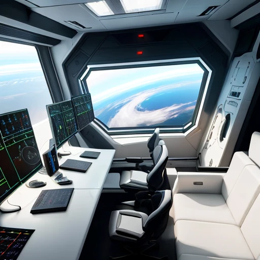 Space Trading Station Central Hub, Massive Sleek White Metal Room With Black Trimmings, Window Showing View Of Black Hole, Ships Entering And Leaving