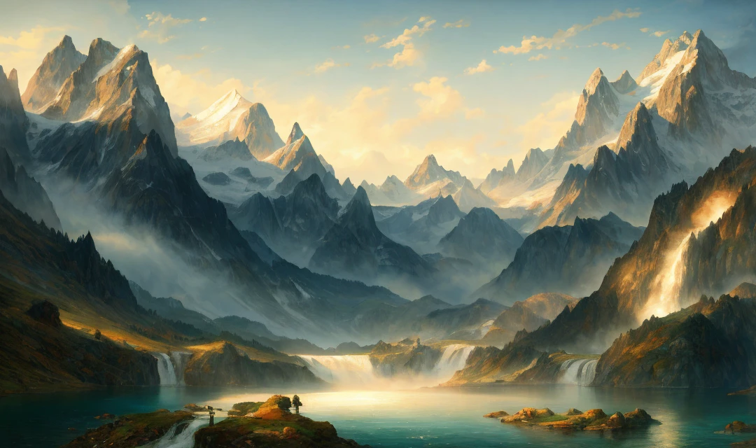 photo of a mountain scene with a lake and a mountain in the background, lots of waterfalls, inspired by Thomas Moran, mountainscape, misty mountains, detailed digital painting, detailed soft painting, inspired by Bob Ross, soft digital painting, high detail digital painting, low detailed. digital painting, painted in high resolution, 8 k resolution digital painting, 8k resolution digital painting, detailed painting 4 k