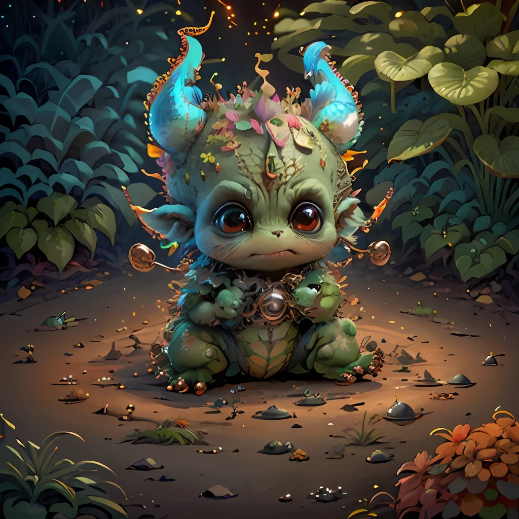 (extremely cute and delicate CG illustration, ultra-detailed and ultra-high quality), best illumination, best shadow, an extremely cute and adorable cu73cre4ture (agama), with big round eyes and a small cute mouth, small horns on its head, vibrant and vivid colors, dynamic angle, dynamic pose, floating, in a magical and enchanting place, with lush vegetation and vibrant flowers.