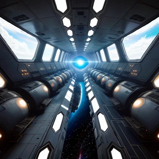 massive sleek metal room with space ships docked, space station orbiting black hole, window view of a black hole