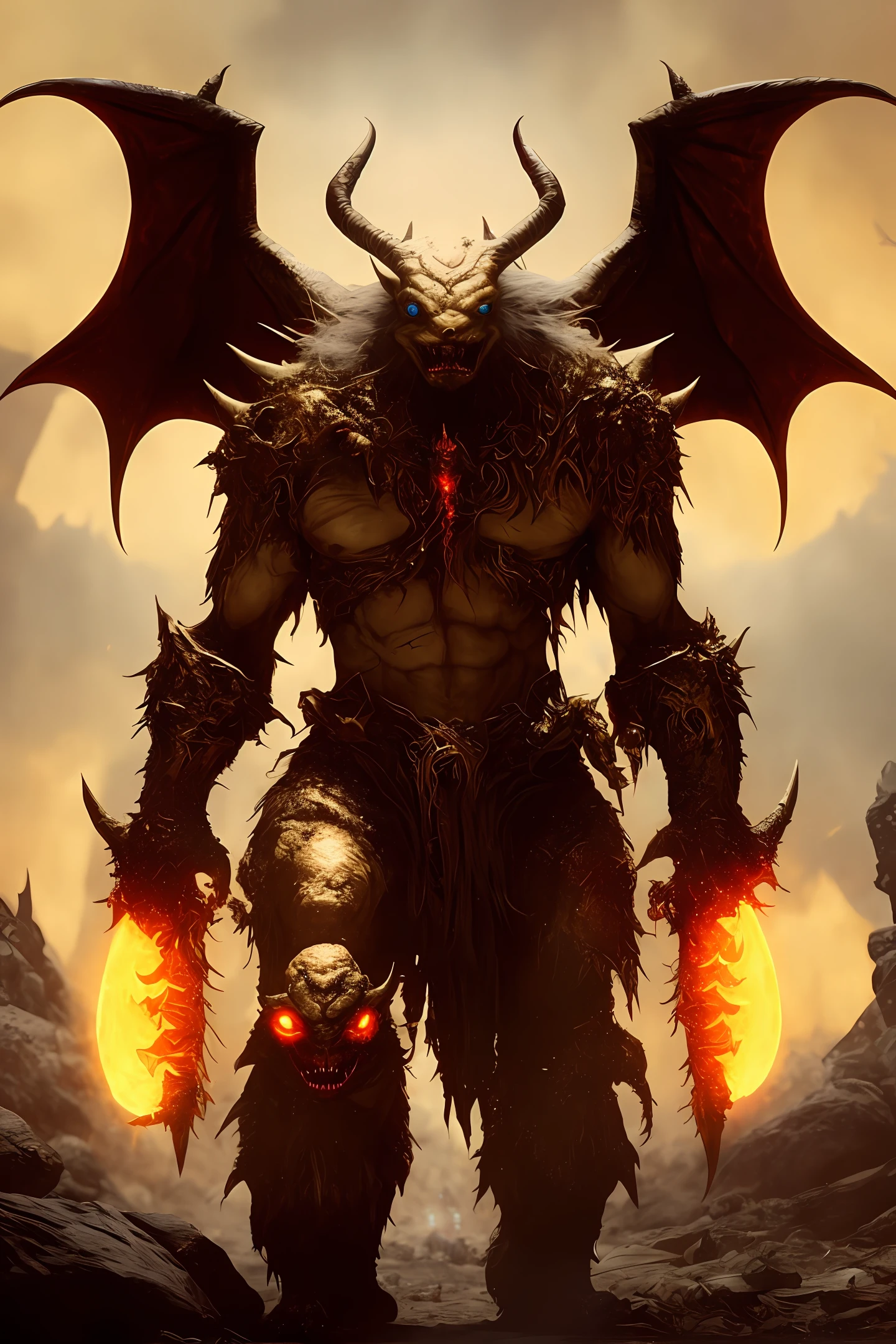 Pooka monster, Gold armor, demon, fantasy art, From his look alone enemies starting to panic, one head,devilish smile, Hell beast, demon, white-fire Sky, warrior, with scythe and shield, glowing red eyes, realisitic, highly detailed, Unreal Engine, 8k-upscale