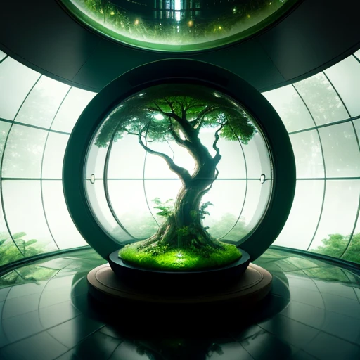 massive sci-fi glass dome filled with plantlife, massive tree in centre of room, room has green glow