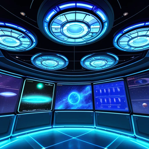 huge futuristic sci-fi room with multiple blue holograms of planets, monitors hanging from ceiling