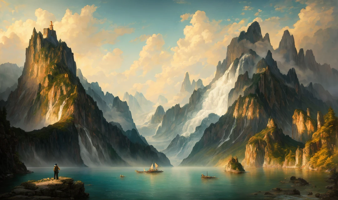photo of a mountain scene with a lake and a mountain and a beach in the dark clouds background, lots of waterfalls, inspired by Thomas Moran, mountainscape, misty mountains, detailed digital painting, detailed soft painting, inspired, soft digital painting, high detail digital painting, low detailed. digital painting, painted in high resolution, 8 k resolution digital painting, 8k resolution digital painting, detailed painting 4 k, hyper realism, explorer standing on the rock, ships sailing on the lake, and a grand castle in the background