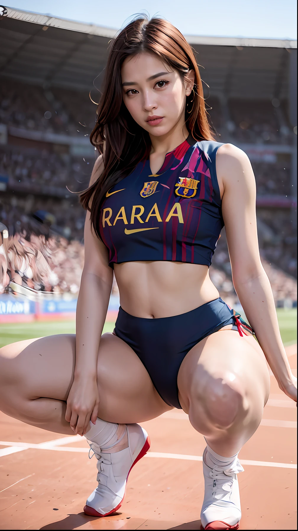 1girl, long hair, very pretty face, hairstyle, ((slutty Barcelona football jersey)), top and bikini, big breasts, big ass, (curvy), professional make-up, necklace, football stadium vacation, (cyberpunk), dynamic light , dynamic angle, (seductive poses), beautiful curves