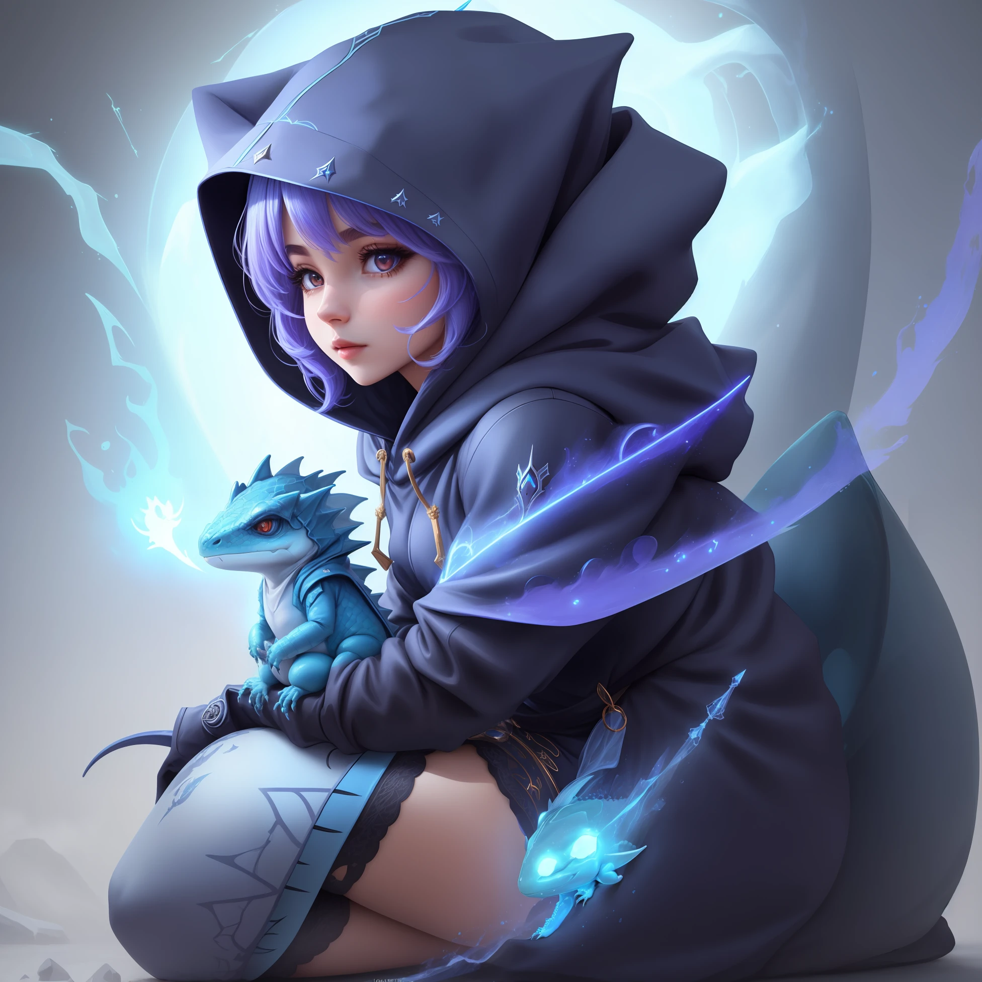 lora:CuteCreatures:0.9, phantasy lizard magician in hood, high detailed, 8k