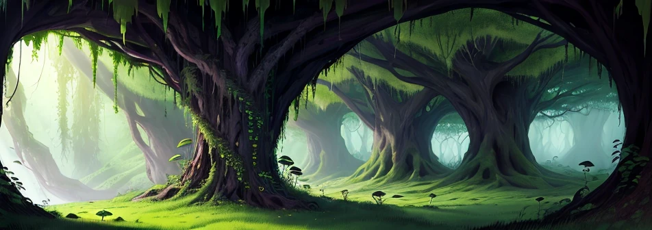massive cave overgrown with fungus, vines encasing the walls, sickly green glow, infestation, spores floating around