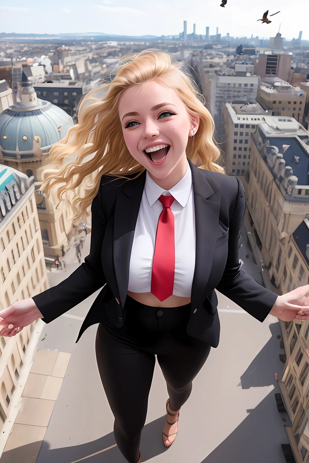 Blonde giantess woman in crop top, laughing, midriff exposed, dramatic lighting, highest quality, red eyes, evil, Cinematic lighting, abs, hands raised, standing over city, city, (((birds eye view))), toned body, perfect face, looking at viewer, detailed background, (detailed skin), [freckles], natural lighting, (direct light:0.4), 8mm film grain, photographed on a Sony a9 II, 24mm lens, F/2.8 aperture, deep focus, (RAW), 8k