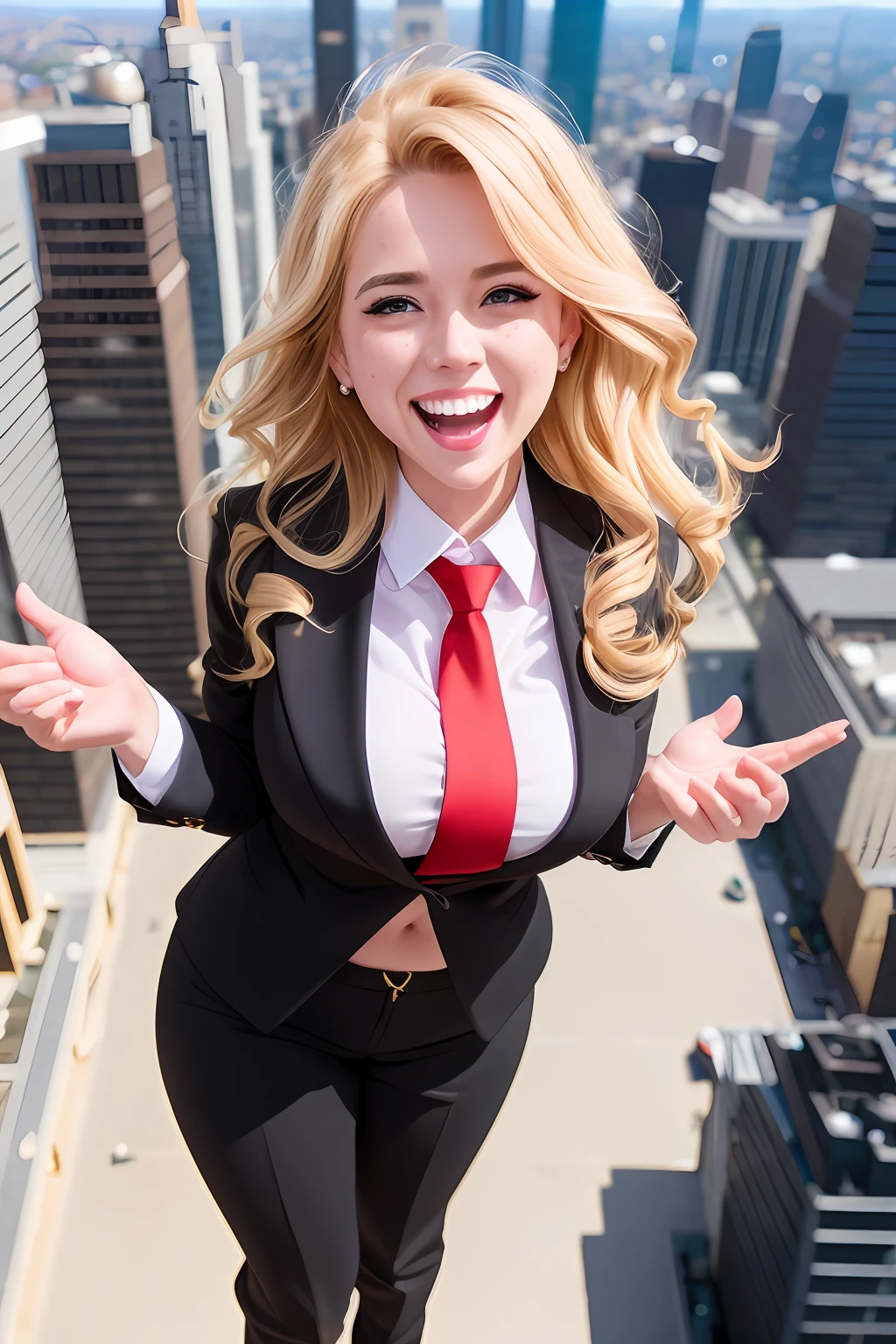 Blonde ((giantess)) woman in suit, red tie and black laughing, midriff exposed, dramatic lighting, highest quality, red eyes, evil, Cinematic lighting, abs, hands raised, standing over city, (((top view))), toned body, perfect face, looking at viewer, detailed background, (detailed skin), [freckles], natural lighting, (direct light:0.4), 8mm film grain, photographed on a Sony a9 II, 24mm lens, F/2.8 aperture, deep focus, (RAW), 8k