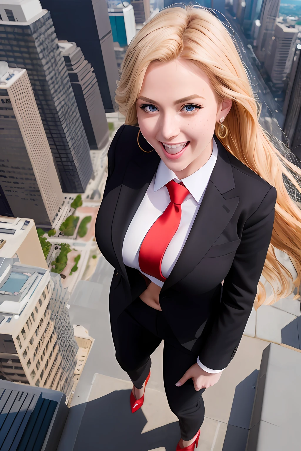 Blonde ((giantess)) woman in suit, red tie and black laughing, midriff exposed, dramatic lighting, highest quality, red eyes, evil, Cinematic lighting, abs, hands raised, standing over city, (((top view))), toned body, perfect face, looking at viewer, detailed background, (detailed skin), [freckles], natural lighting, (direct light:0.4), 8mm film grain, photographed on a Sony a9 II, 24mm lens, F/2.8 aperture, deep focus, (RAW), 8k