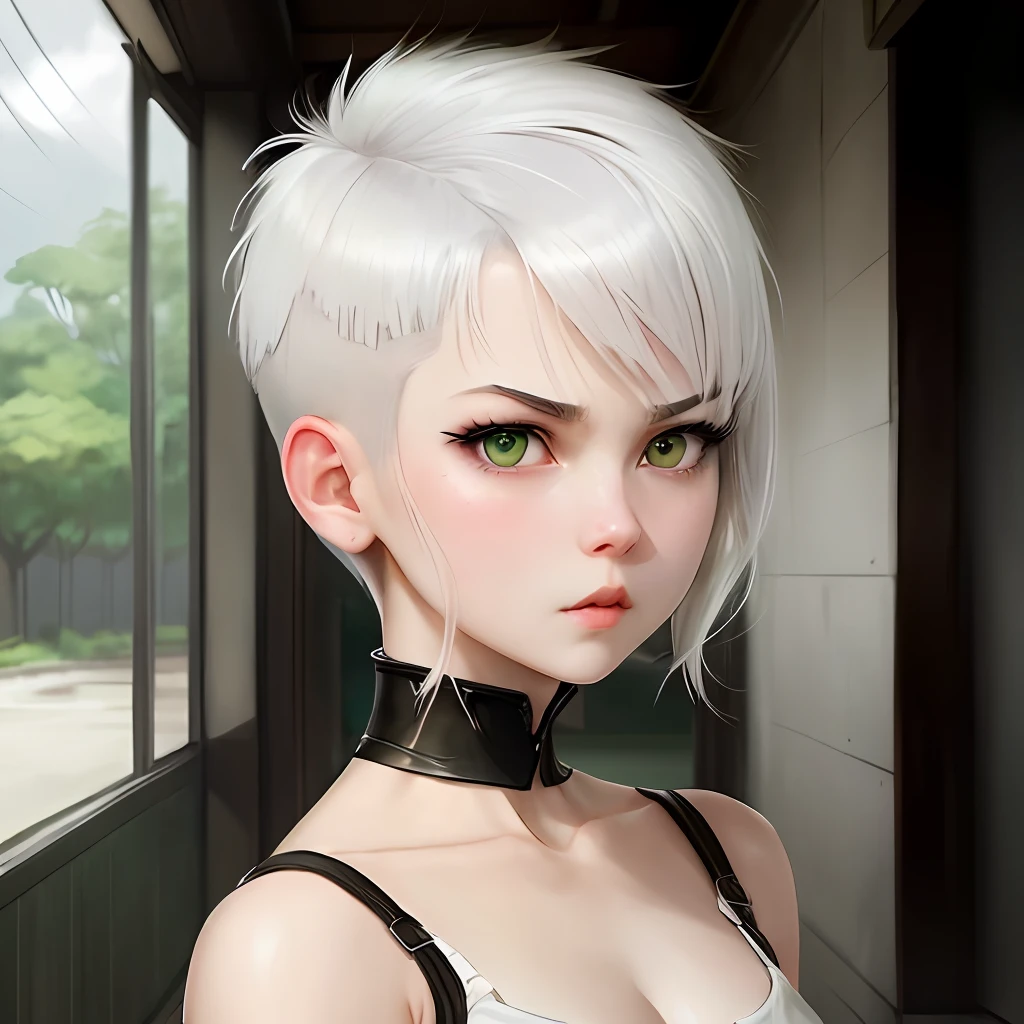 fighter girl pale white hair short haircut anime green eyes intimidaating