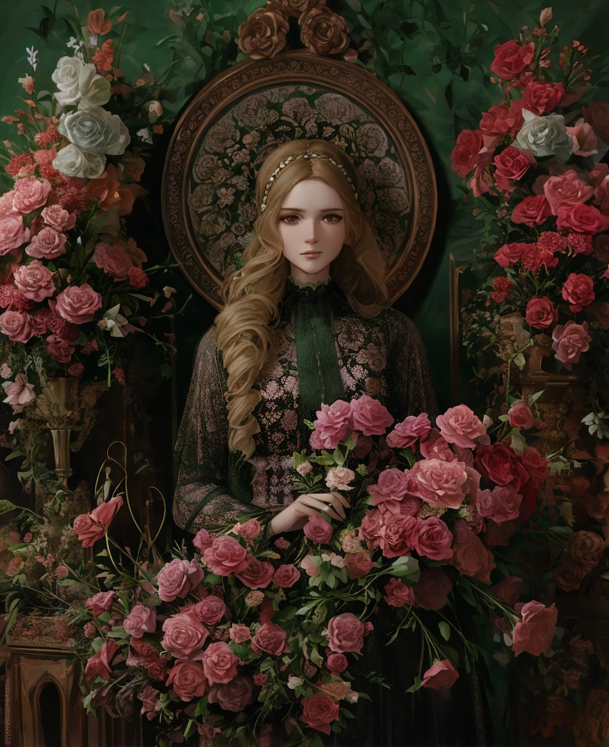 there is a woman standing in front of a large arrangement of flowers, monia merlo, flower storm portrait, draped in fleshy green and pink, aesthetic portrait, alexey egorov, woman in flowers, sergey zabelin, draped in velvet and flowers, in a high renaissance style, fine art fashion photography, maxim sukharev, pre - raphaelites style